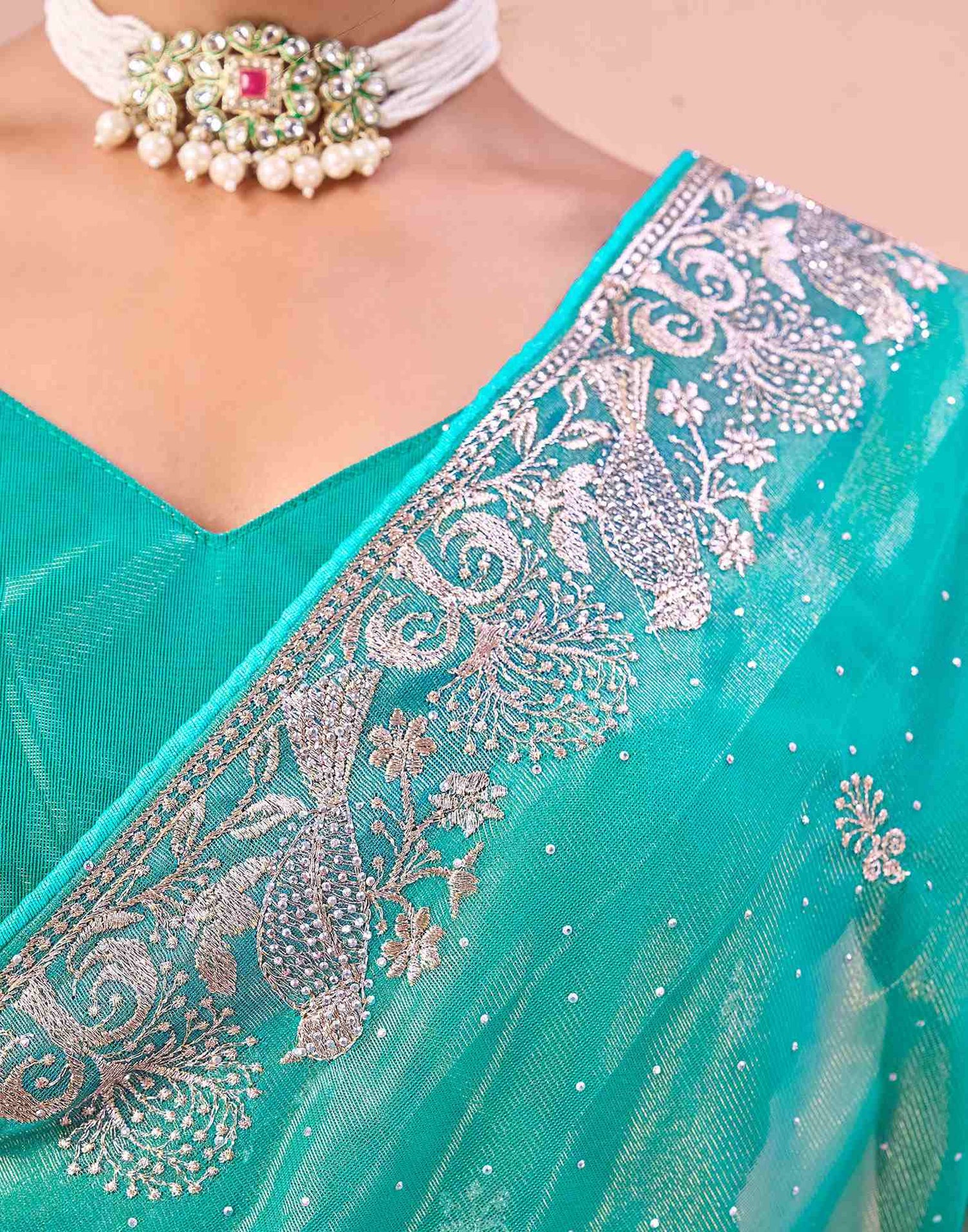 Turquoise Shimmer Net Embroidery Swarovski Saree