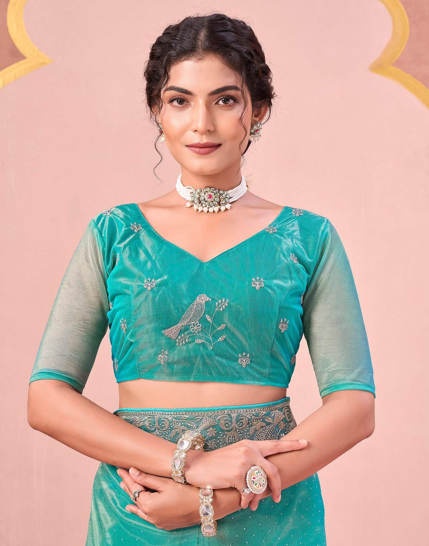 Turquoise Shimmer Net Embroidery Swarovski Saree