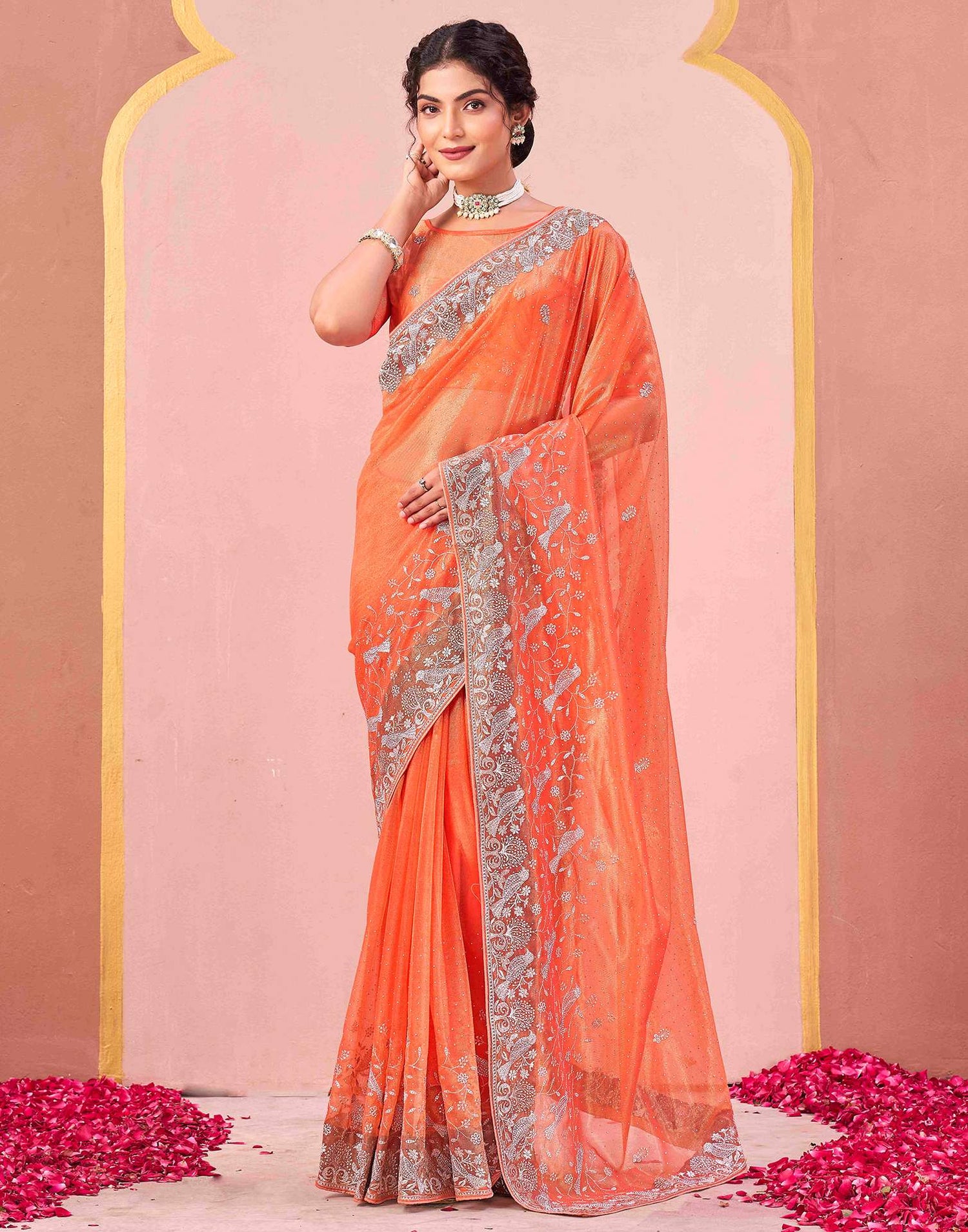 Light Orange Shimmer Net Embroidery Swarovski Saree