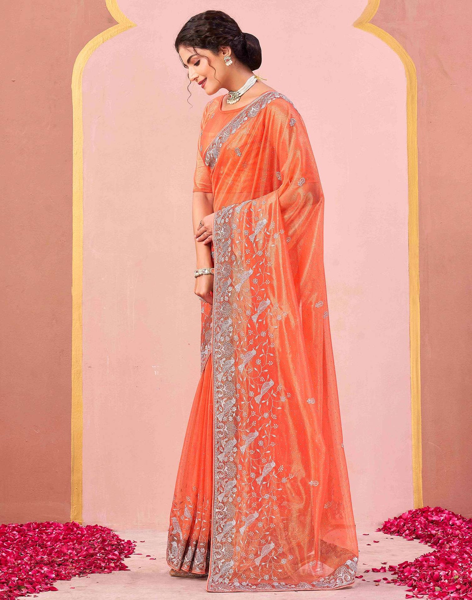 Light Orange Shimmer Net Embroidery Swarovski Saree