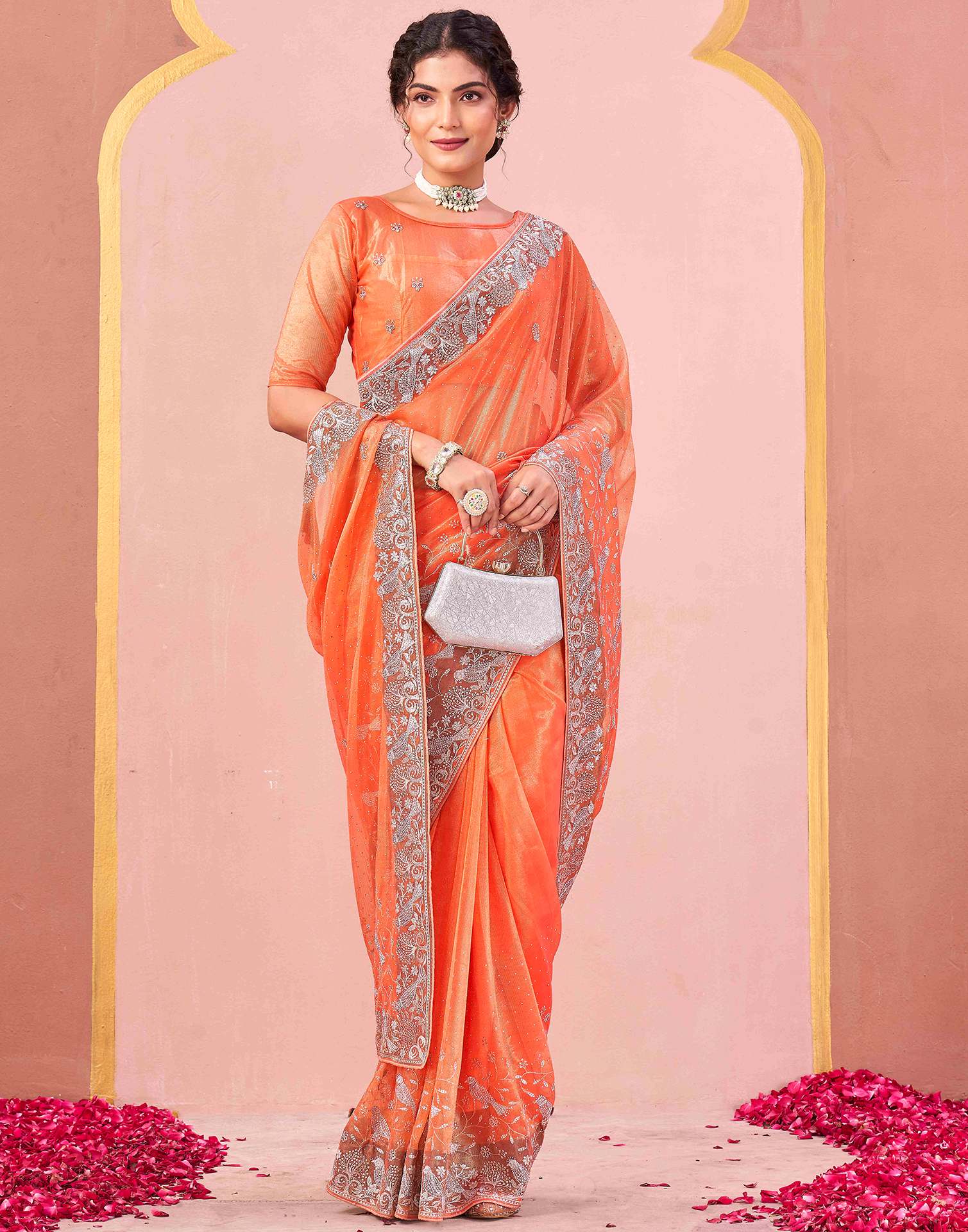 Light Orange Shimmer Net Embroidery Swarovski Saree