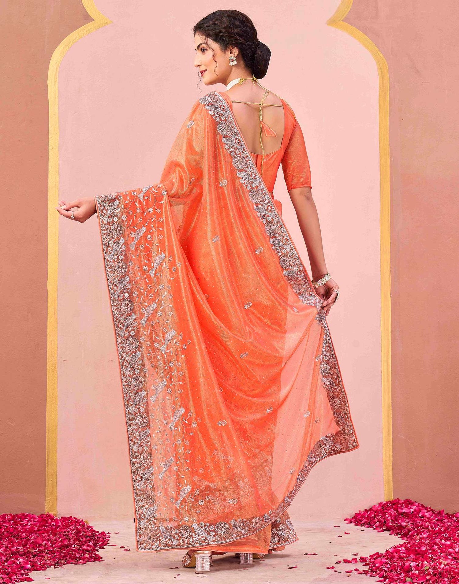 Light Orange Shimmer Net Embroidery Swarovski Saree