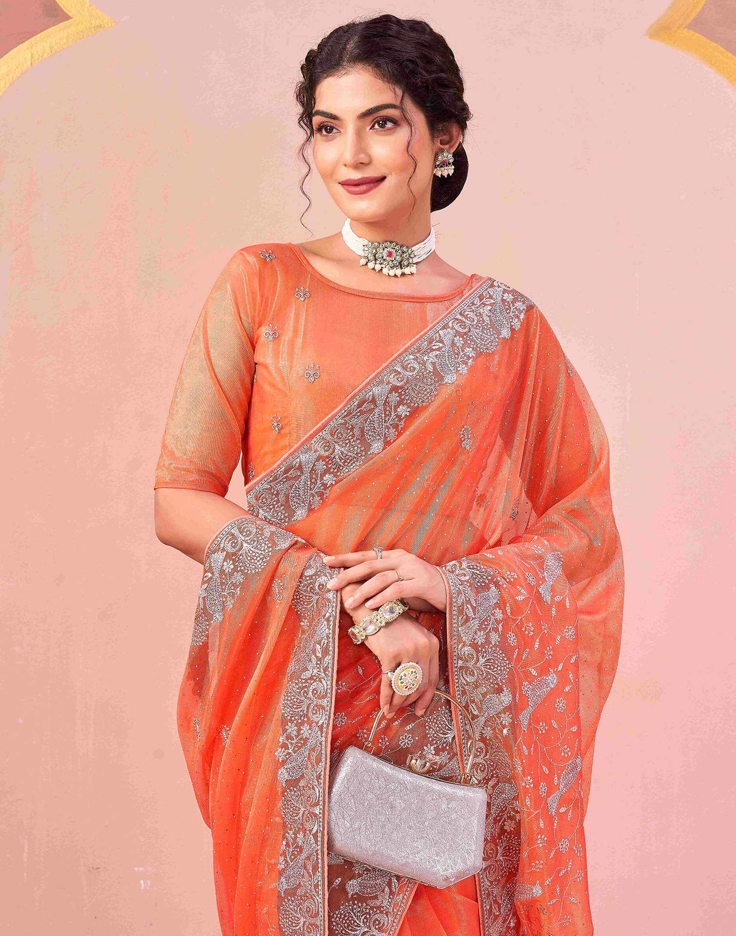 Light Orange Shimmer Net Embroidery Swarovski Saree