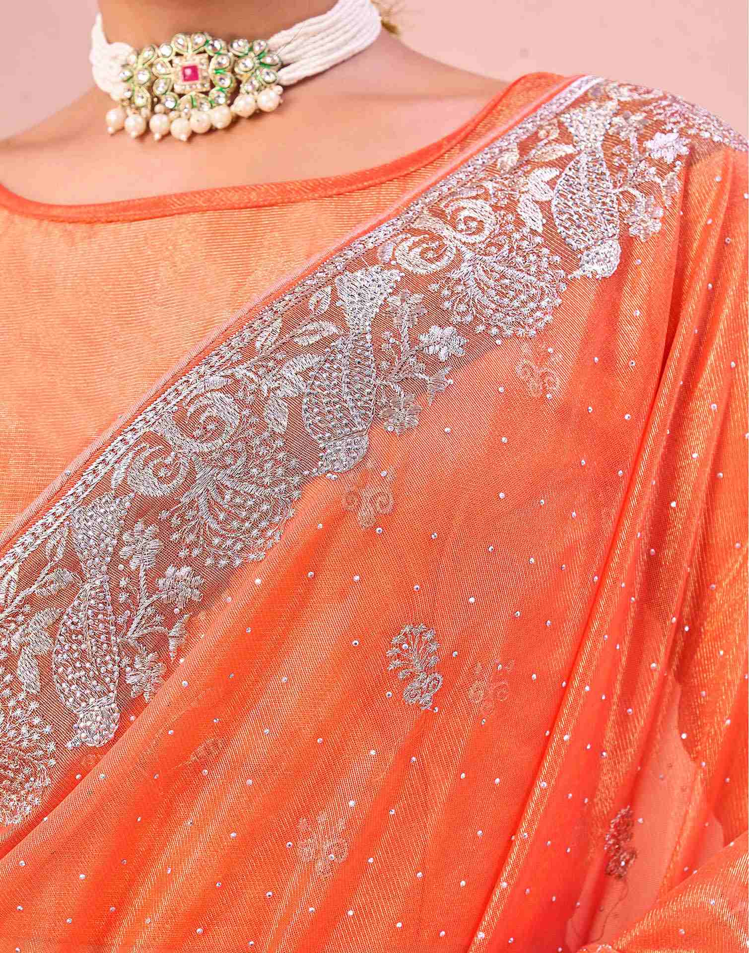 Light Orange Shimmer Net Embroidery Swarovski Saree