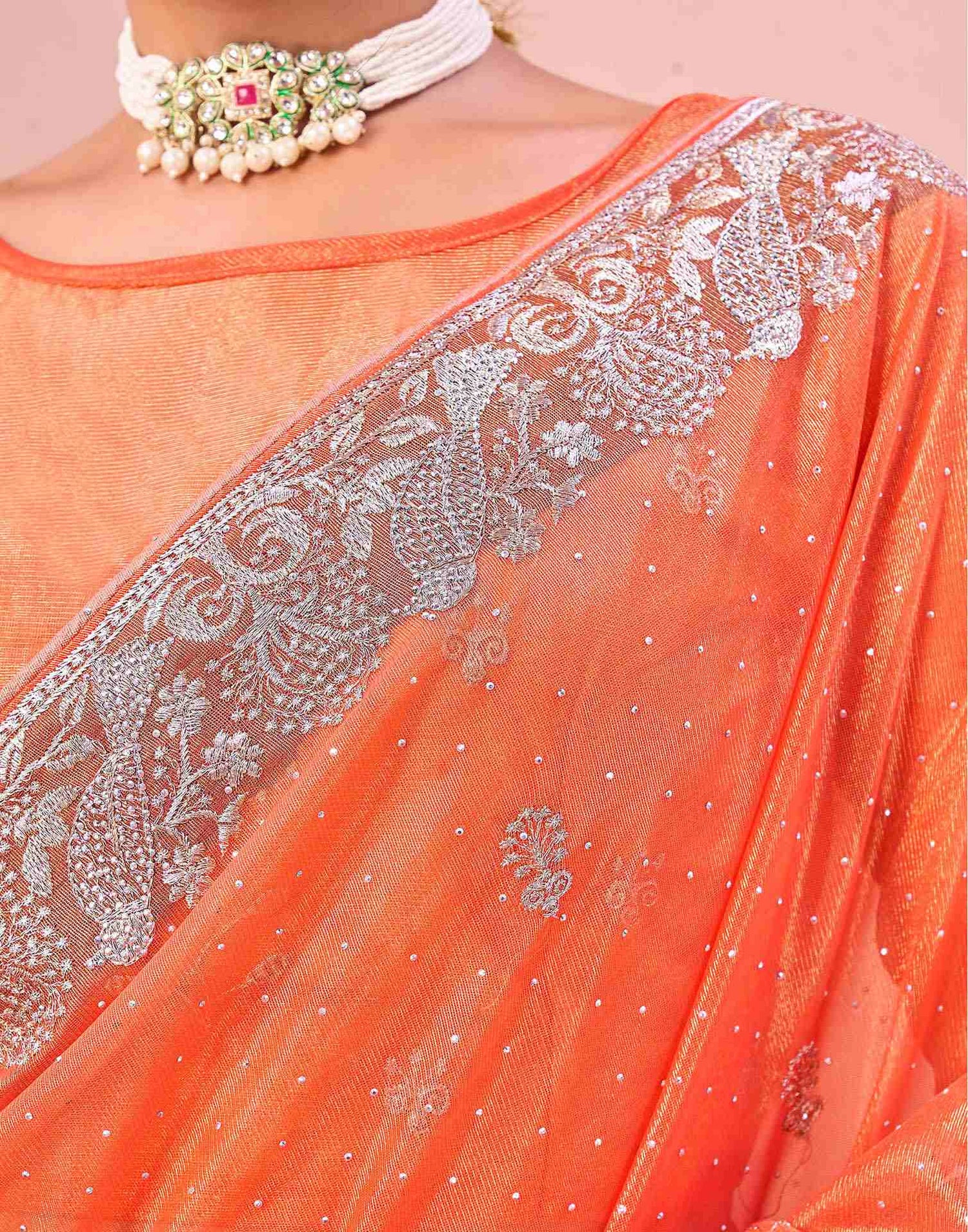 Light Orange Shimmer Net Embroidery Swarovski Saree