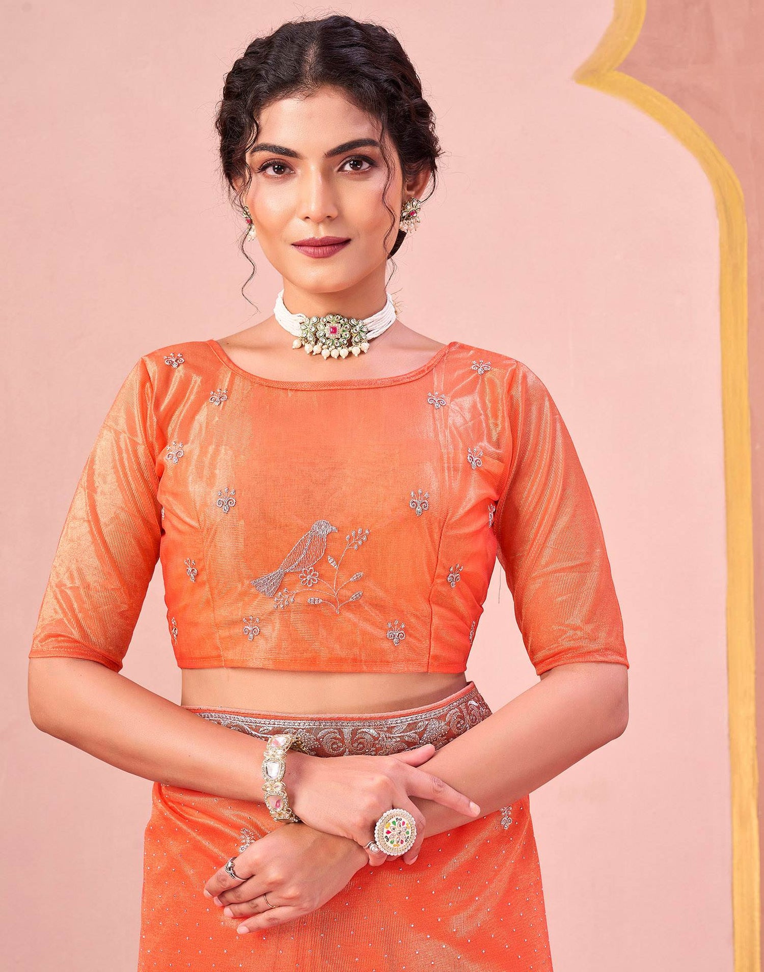 Light Orange Shimmer Net Embroidery Swarovski Saree