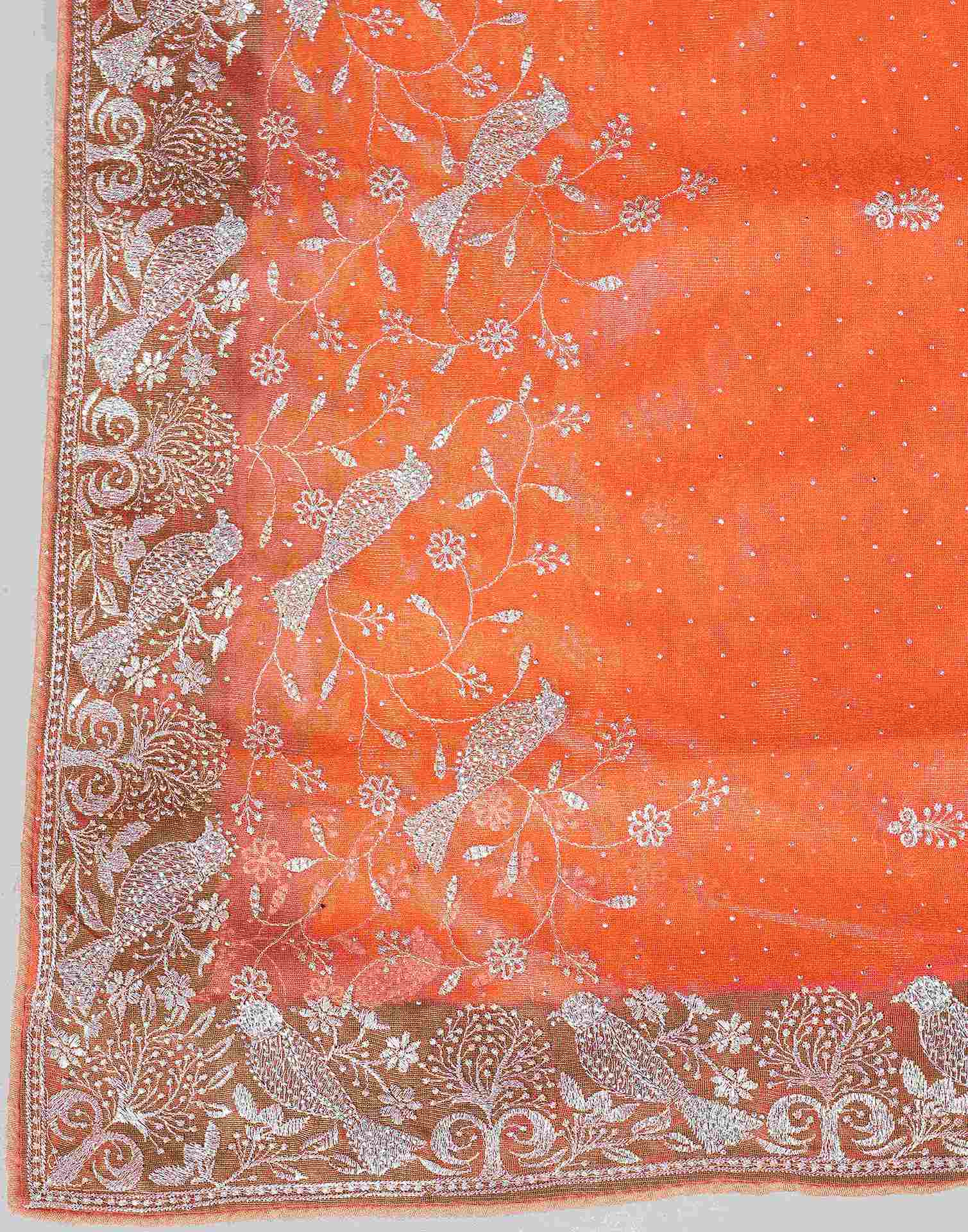 Light Orange Shimmer Net Embroidery Swarovski Saree