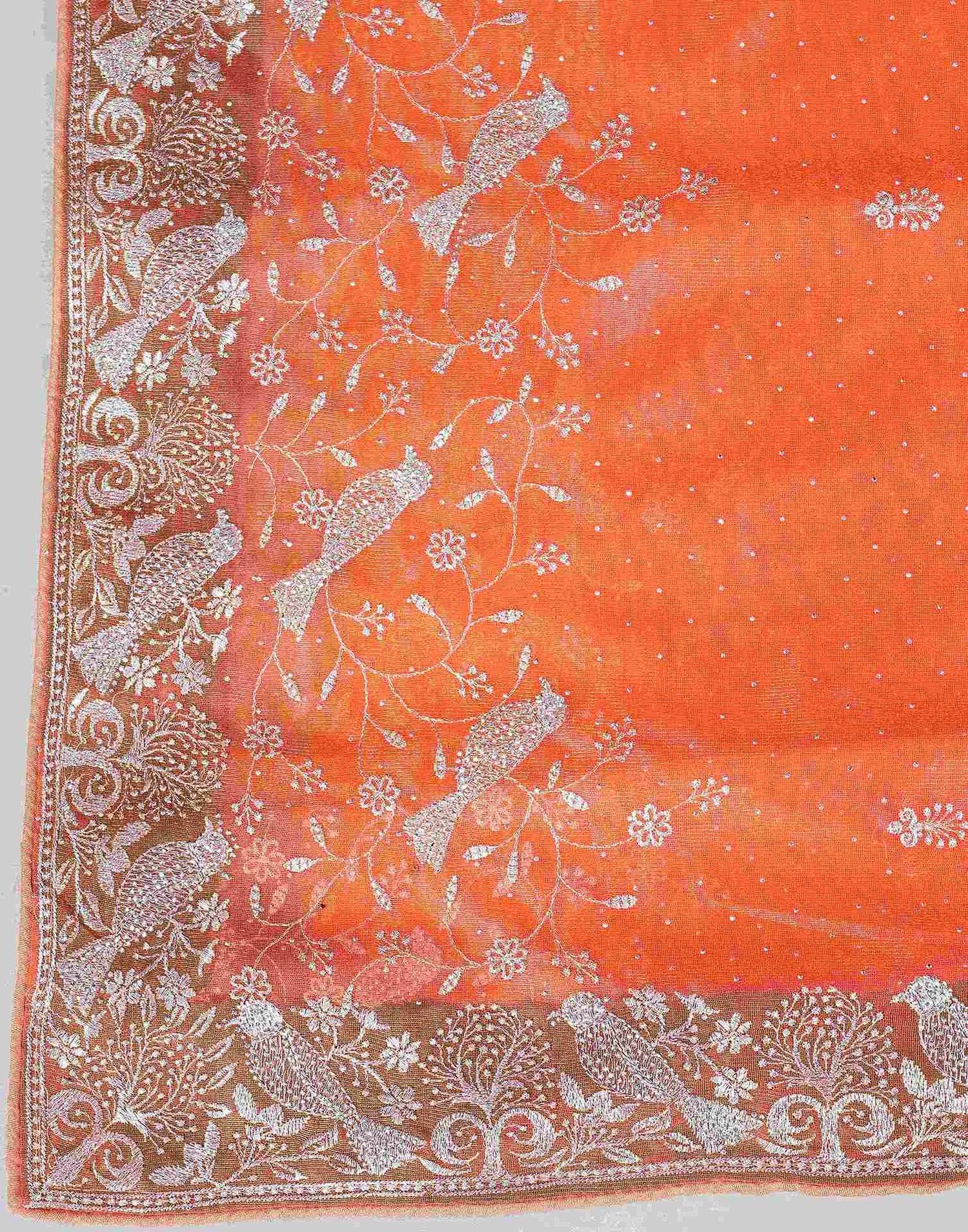 Light Orange Shimmer Net Embroidery Swarovski Saree