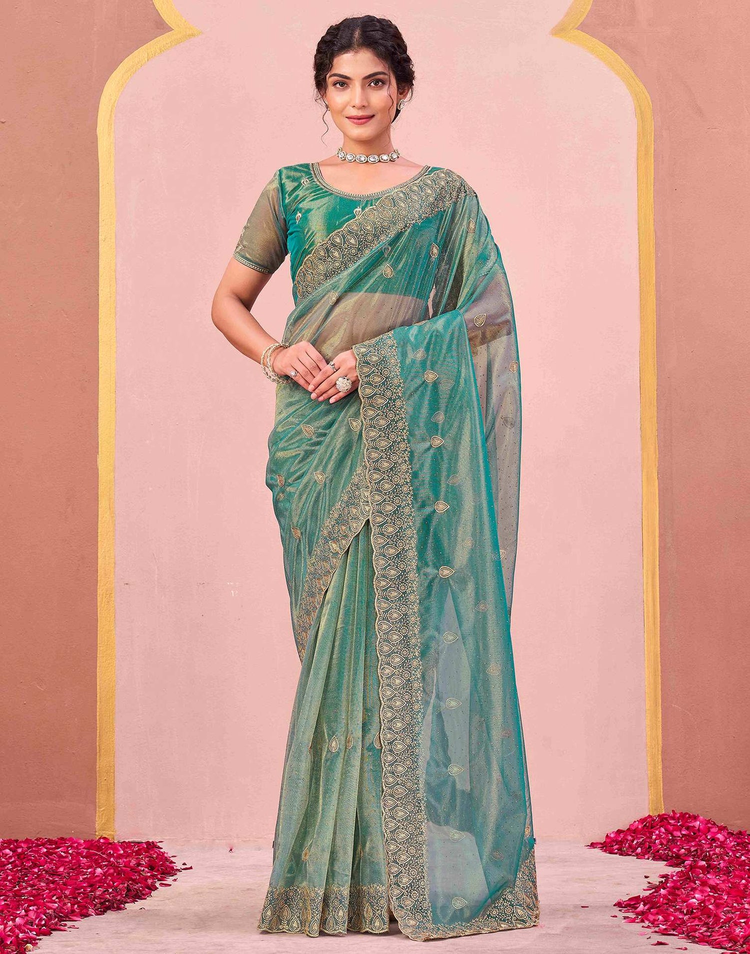 Dusty Teal Green Shimmer Net Embroidery Swarovski Saree