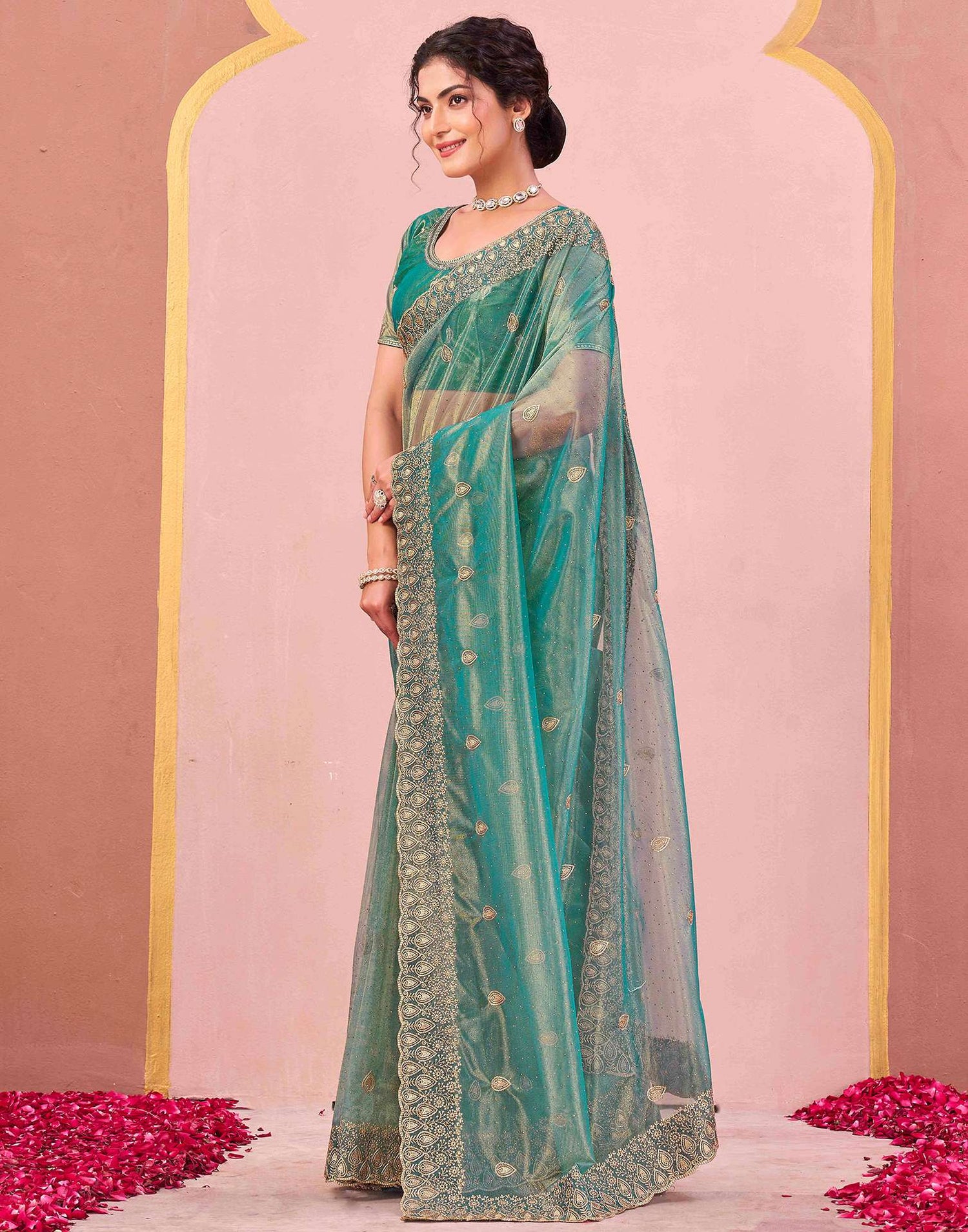 Dusty Teal Green Shimmer Net Embroidery Swarovski Saree