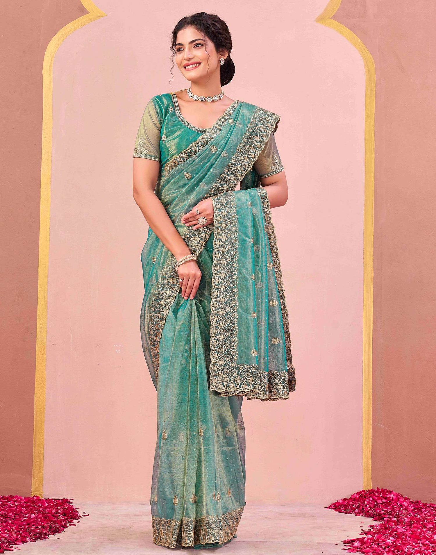 Dusty Teal Green Shimmer Net Embroidery Swarovski Saree