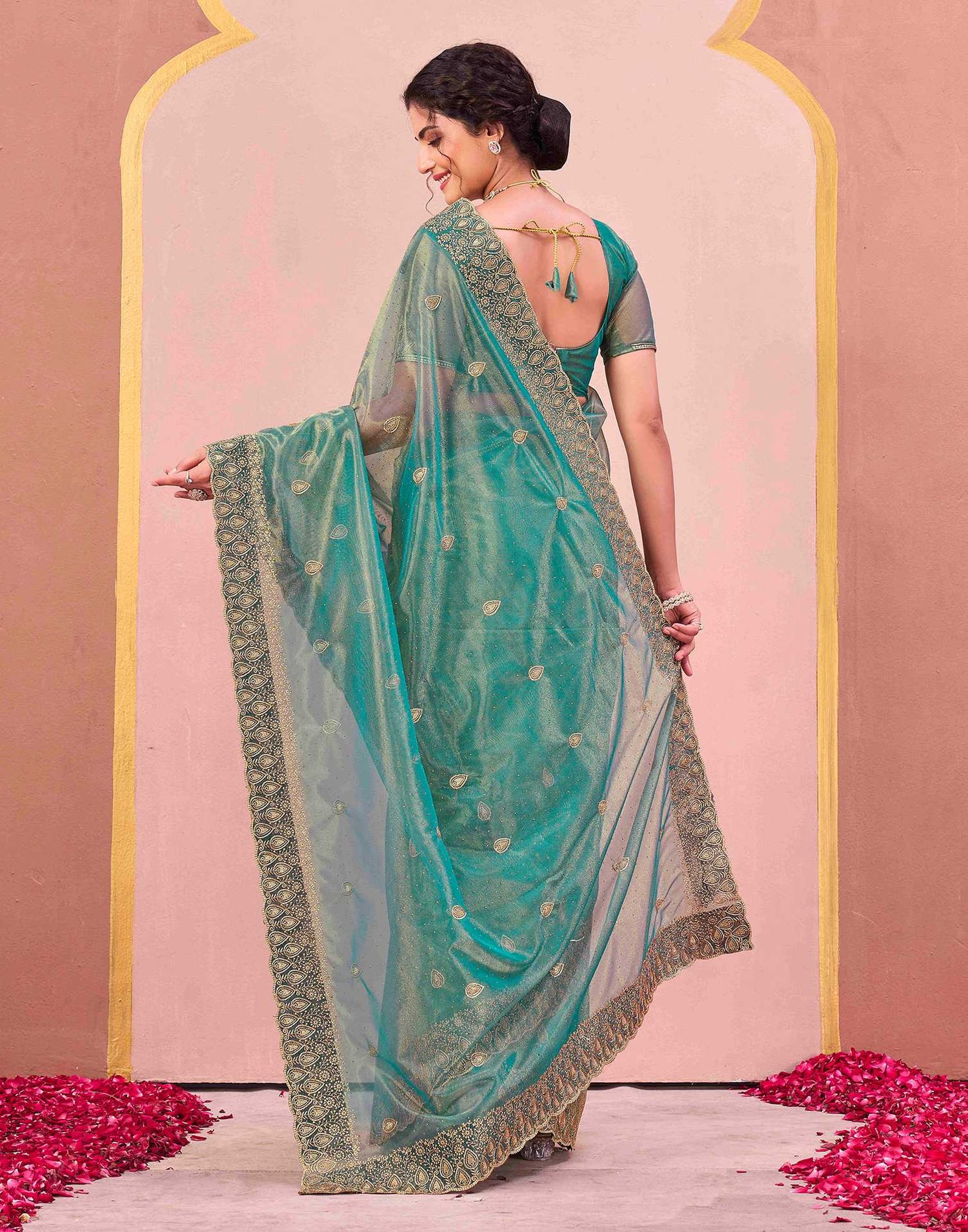 Dusty Teal Green Shimmer Net Embroidery Swarovski Saree