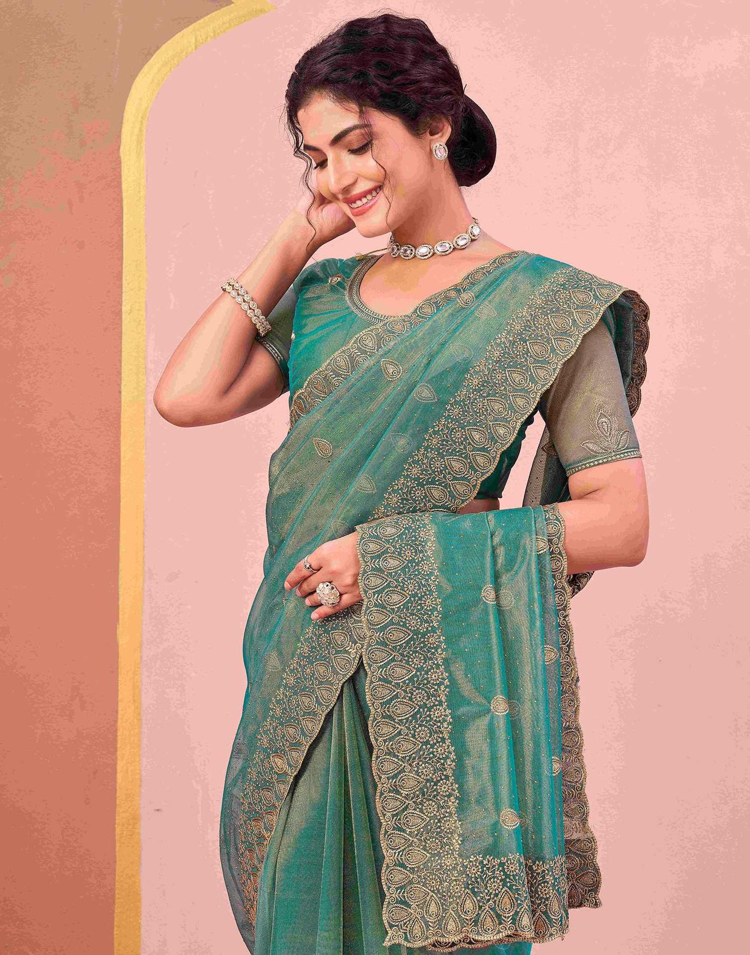 Dusty Teal Green Shimmer Net Embroidery Swarovski Saree