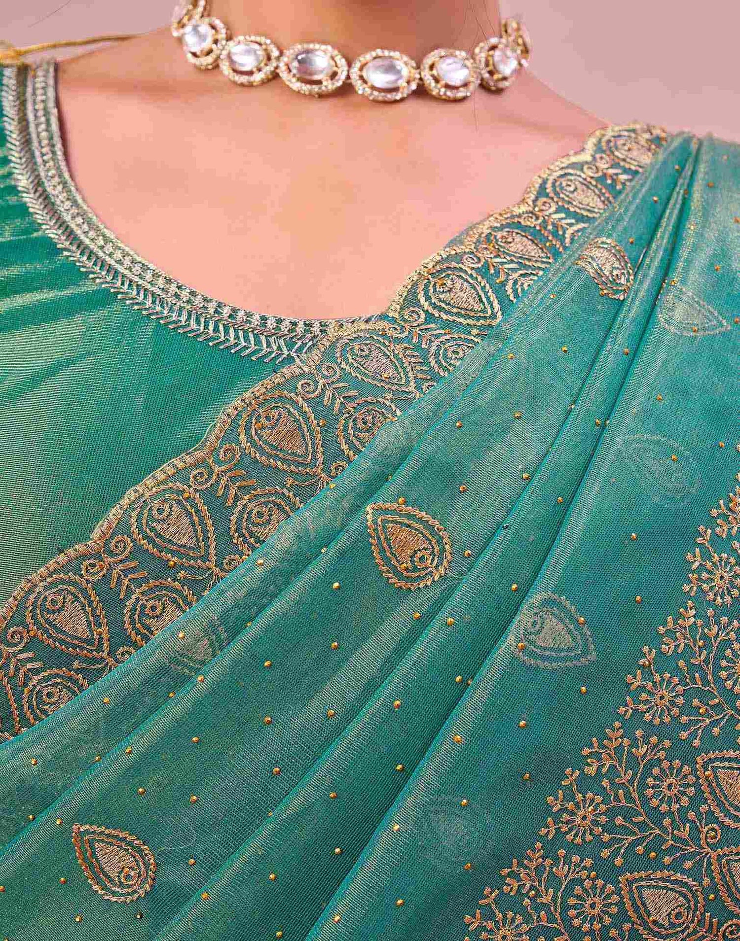 Dusty Teal Green Shimmer Net Embroidery Swarovski Saree