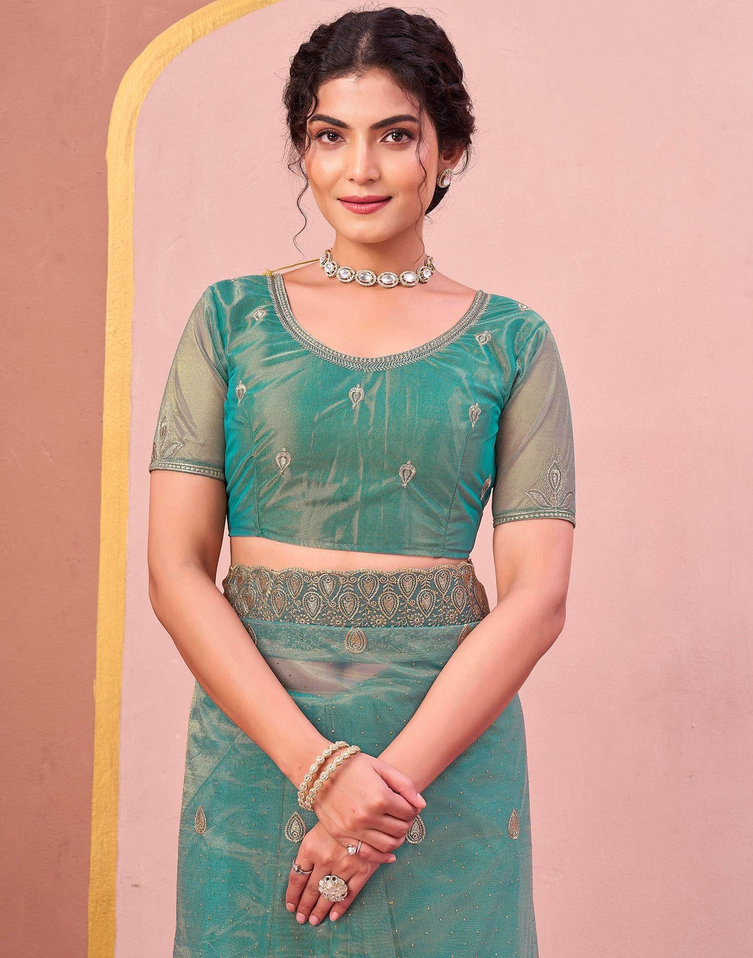 Dusty Teal Green Shimmer Net Embroidery Swarovski Saree