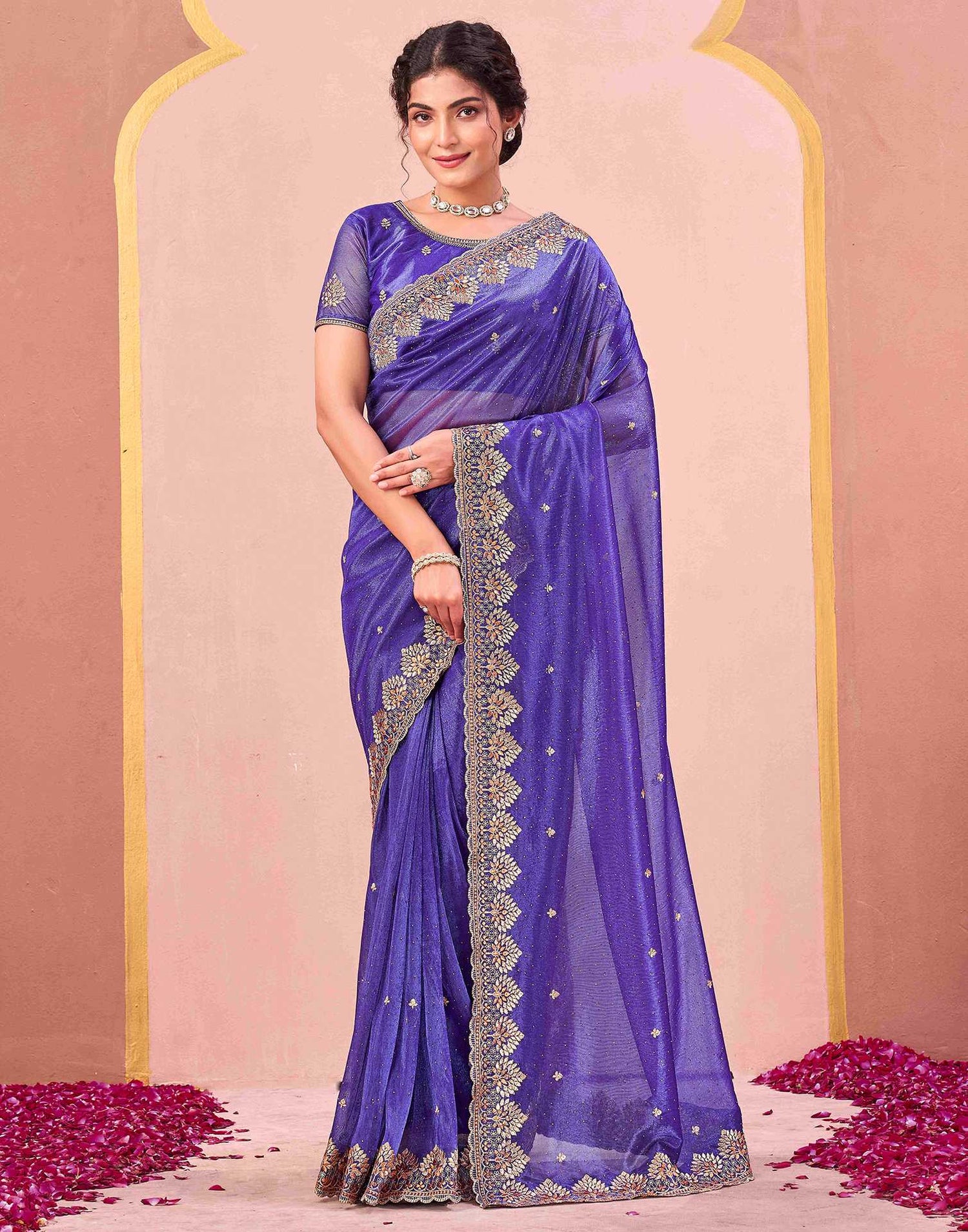 Violet Shimmer Net Embroidery Swarovski Saree