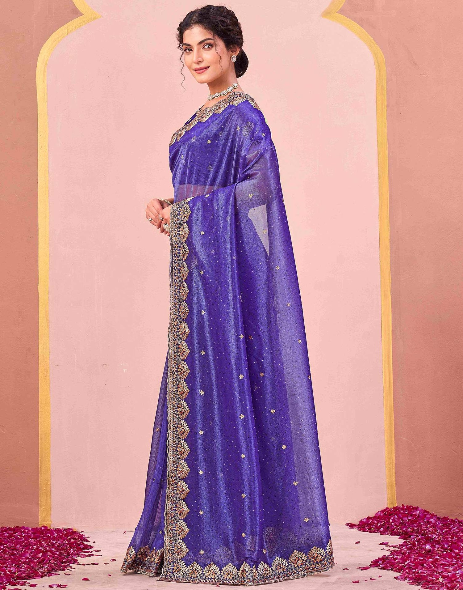 Violet Shimmer Net Embroidery Swarovski Saree