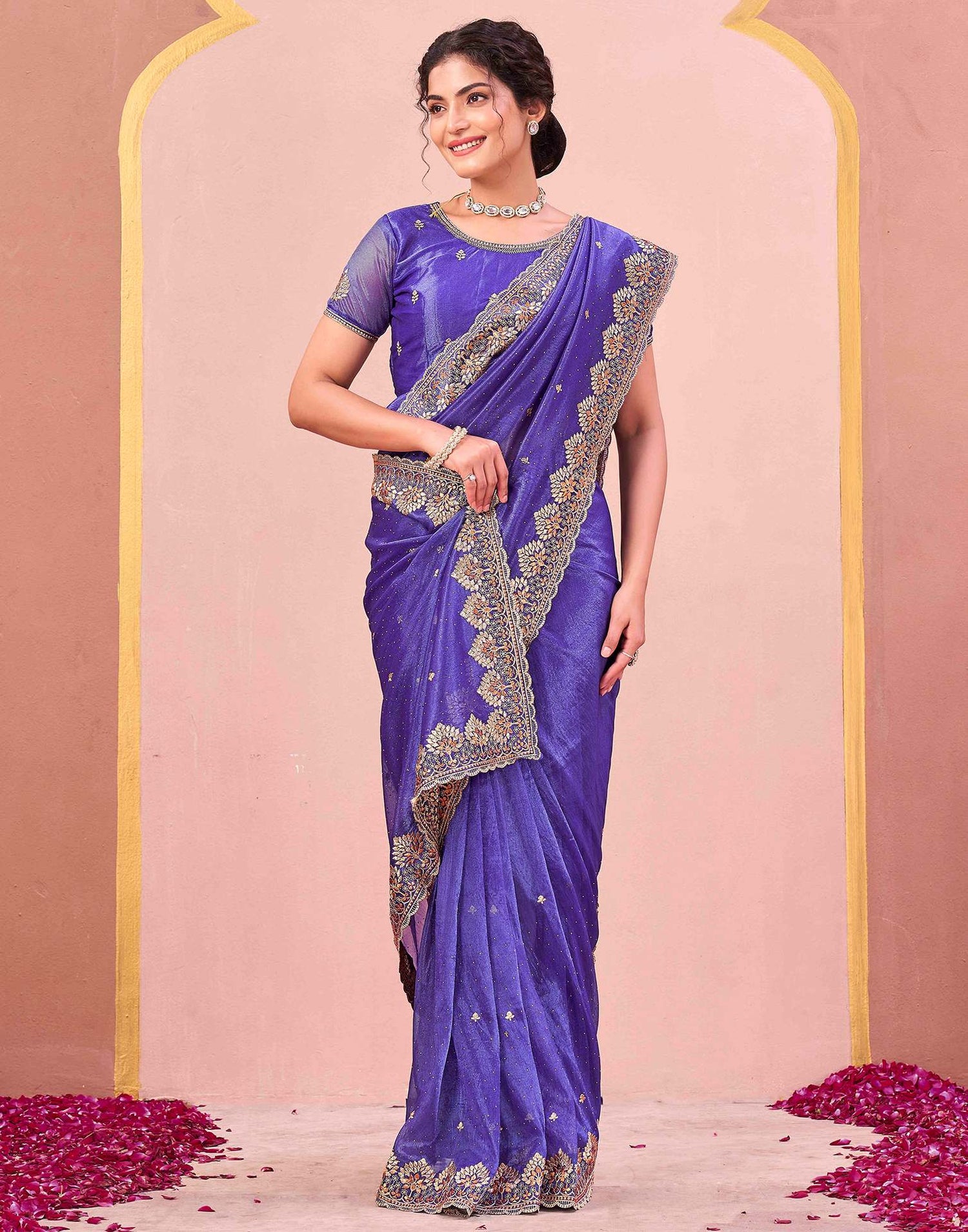 Violet Shimmer Net Embroidery Swarovski Saree