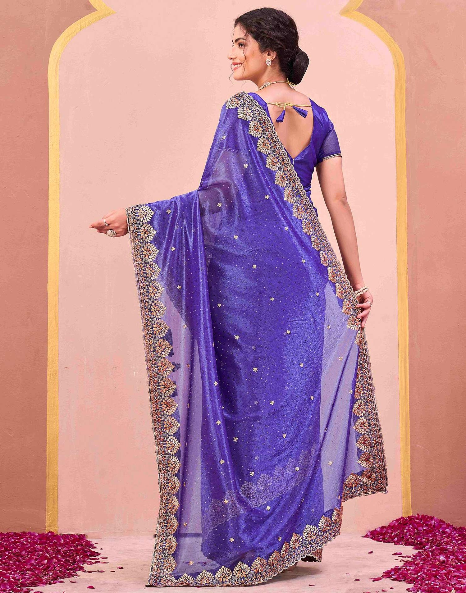 Violet Shimmer Net Embroidery Swarovski Saree