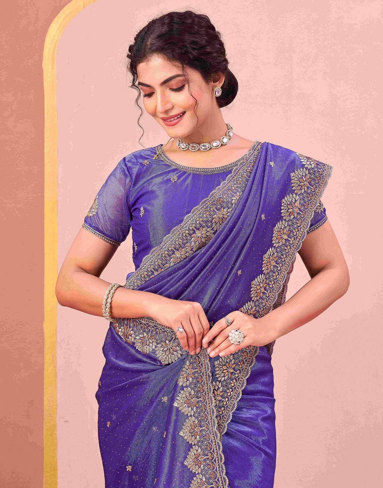 Violet Shimmer Net Embroidery Swarovski Saree