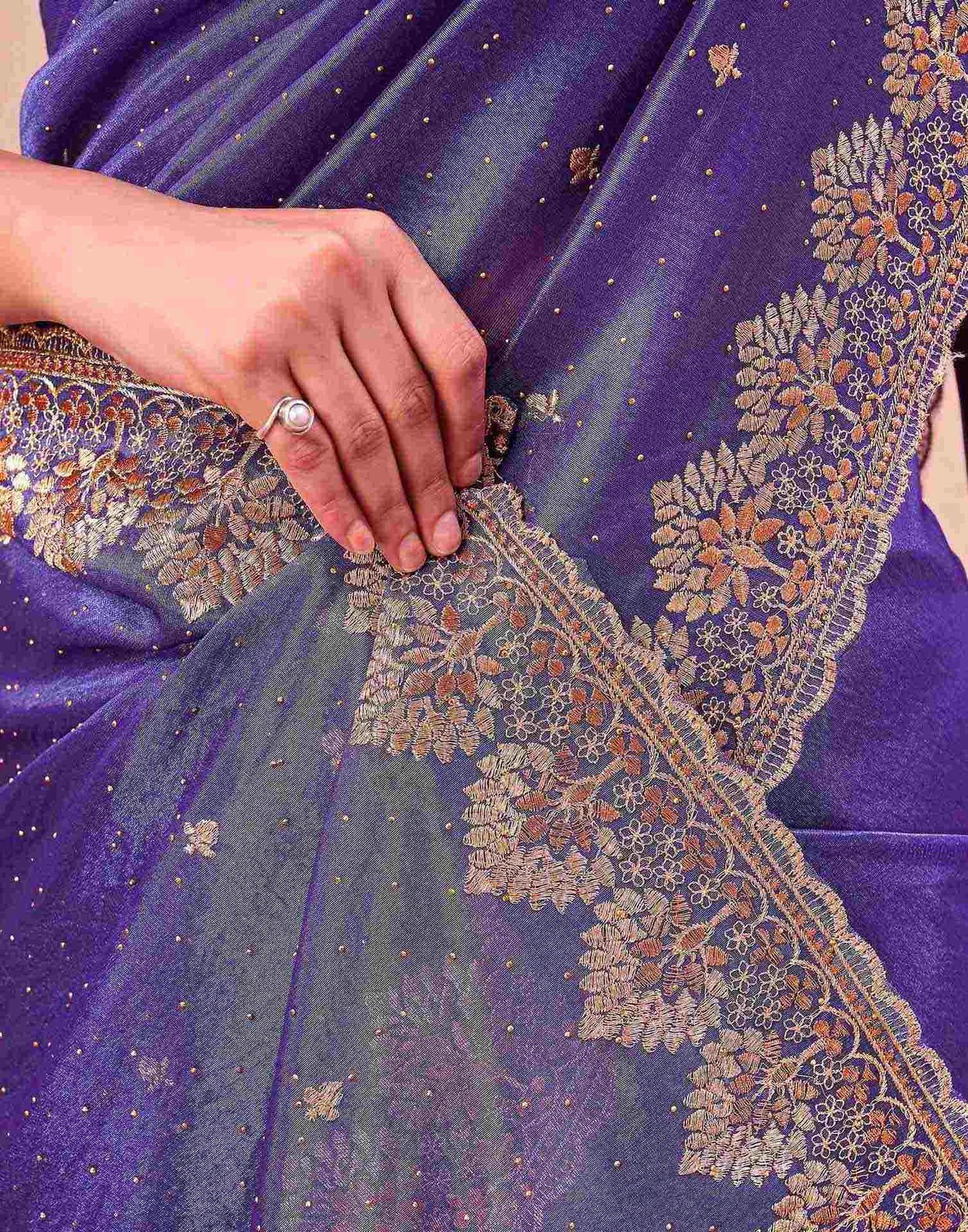 Violet Shimmer Net Embroidery Swarovski Saree