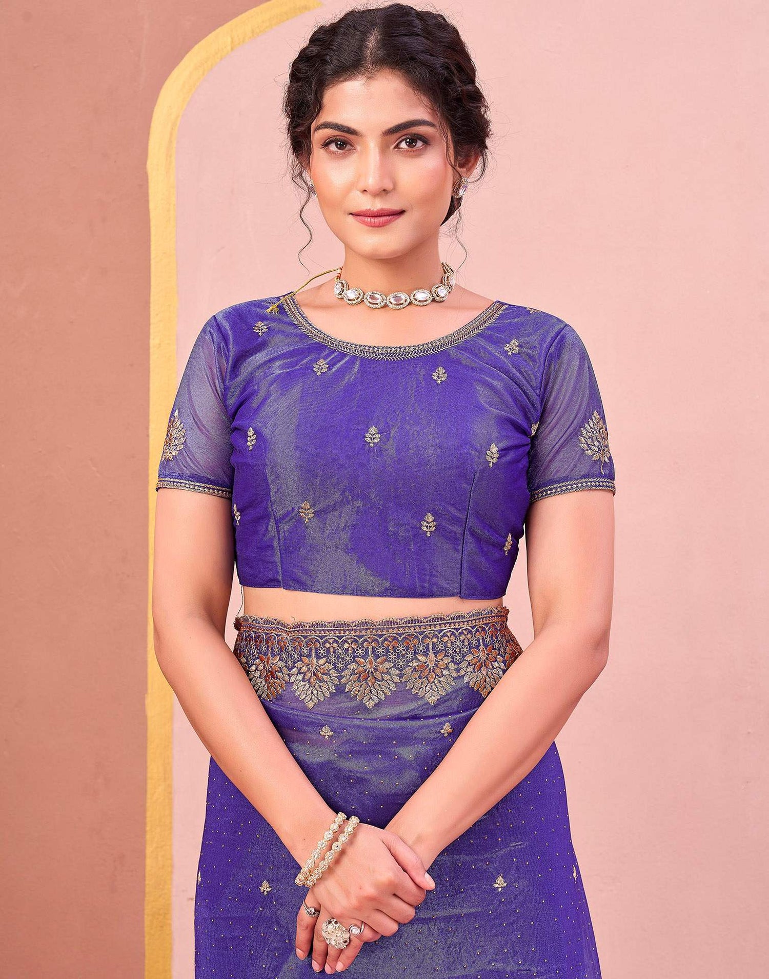 Violet Shimmer Net Embroidery Swarovski Saree