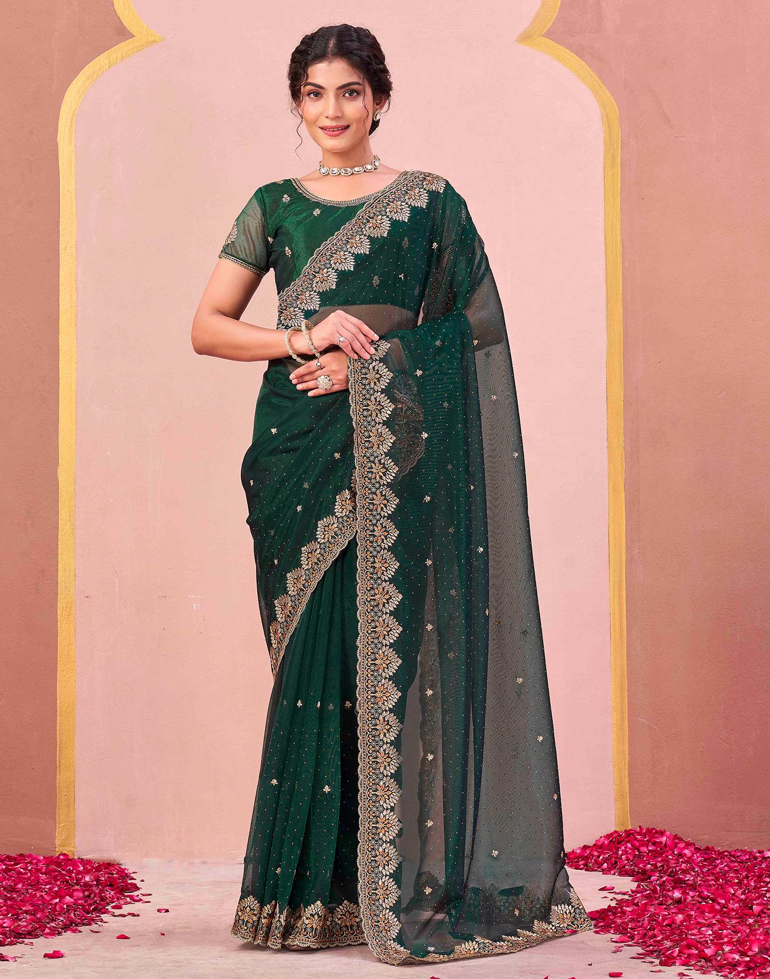Bottle Green Shimmer Net Embroidery Swarovski Saree