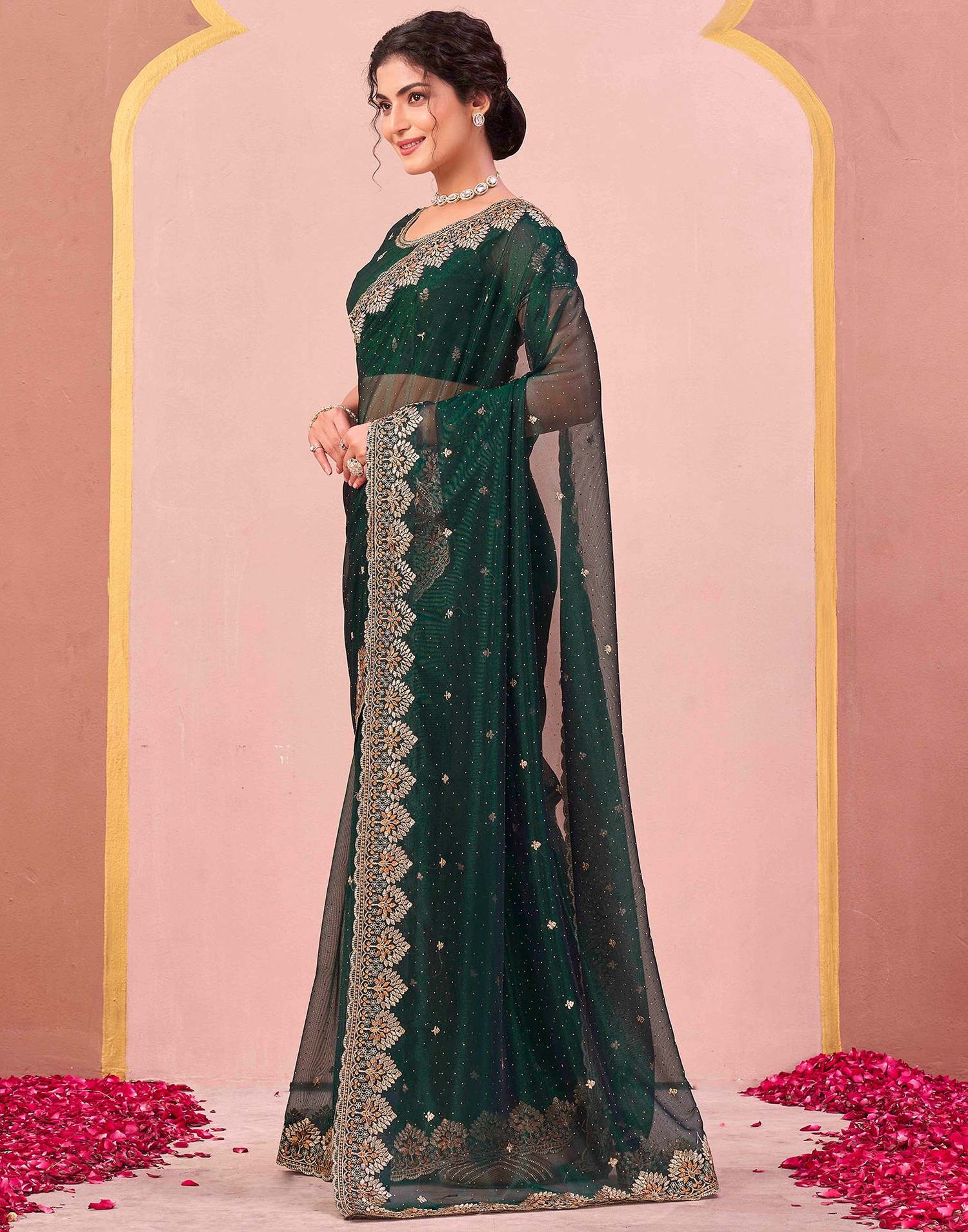 Bottle Green Shimmer Net Embroidery Swarovski Saree