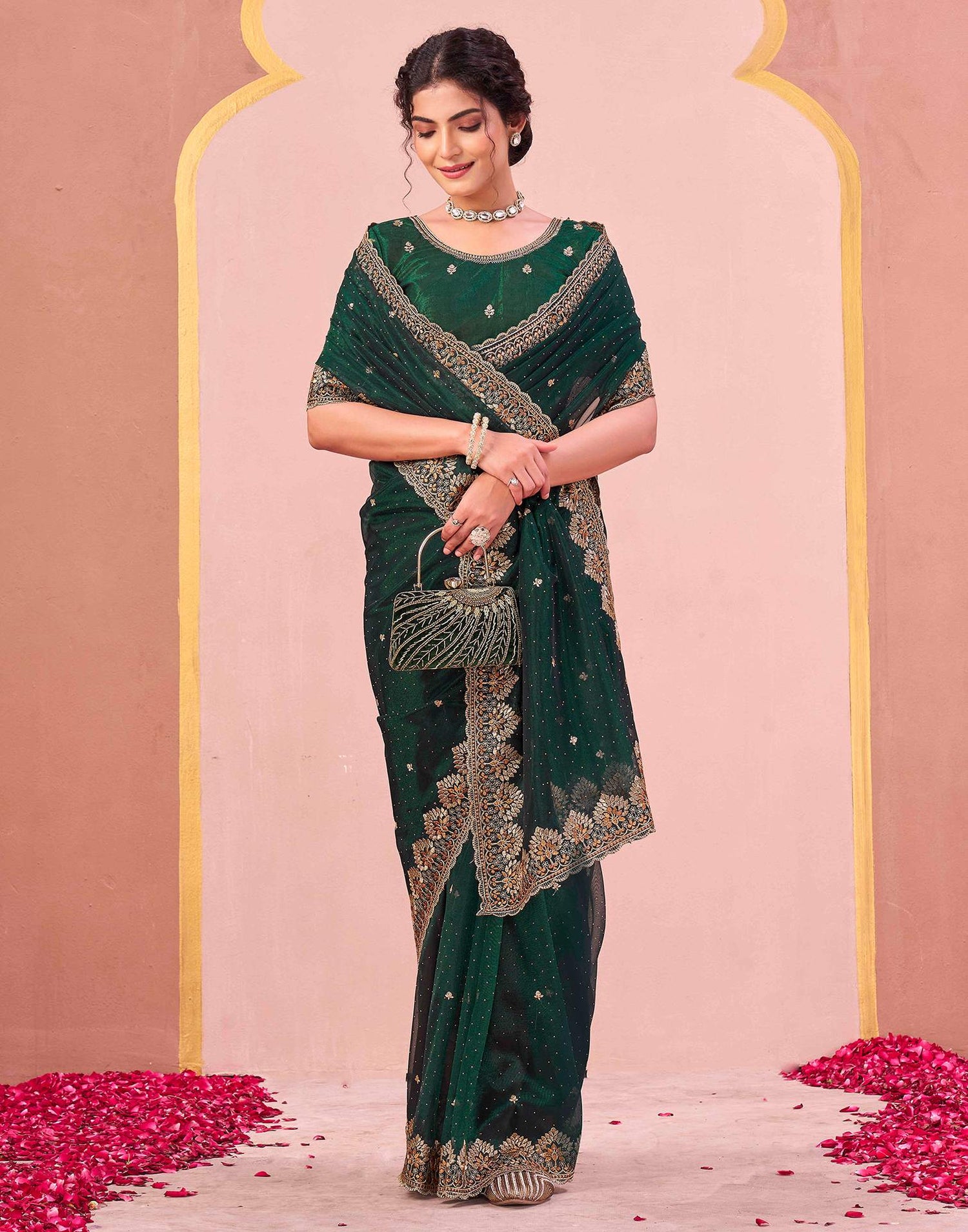 Bottle Green Shimmer Net Embroidery Swarovski Saree