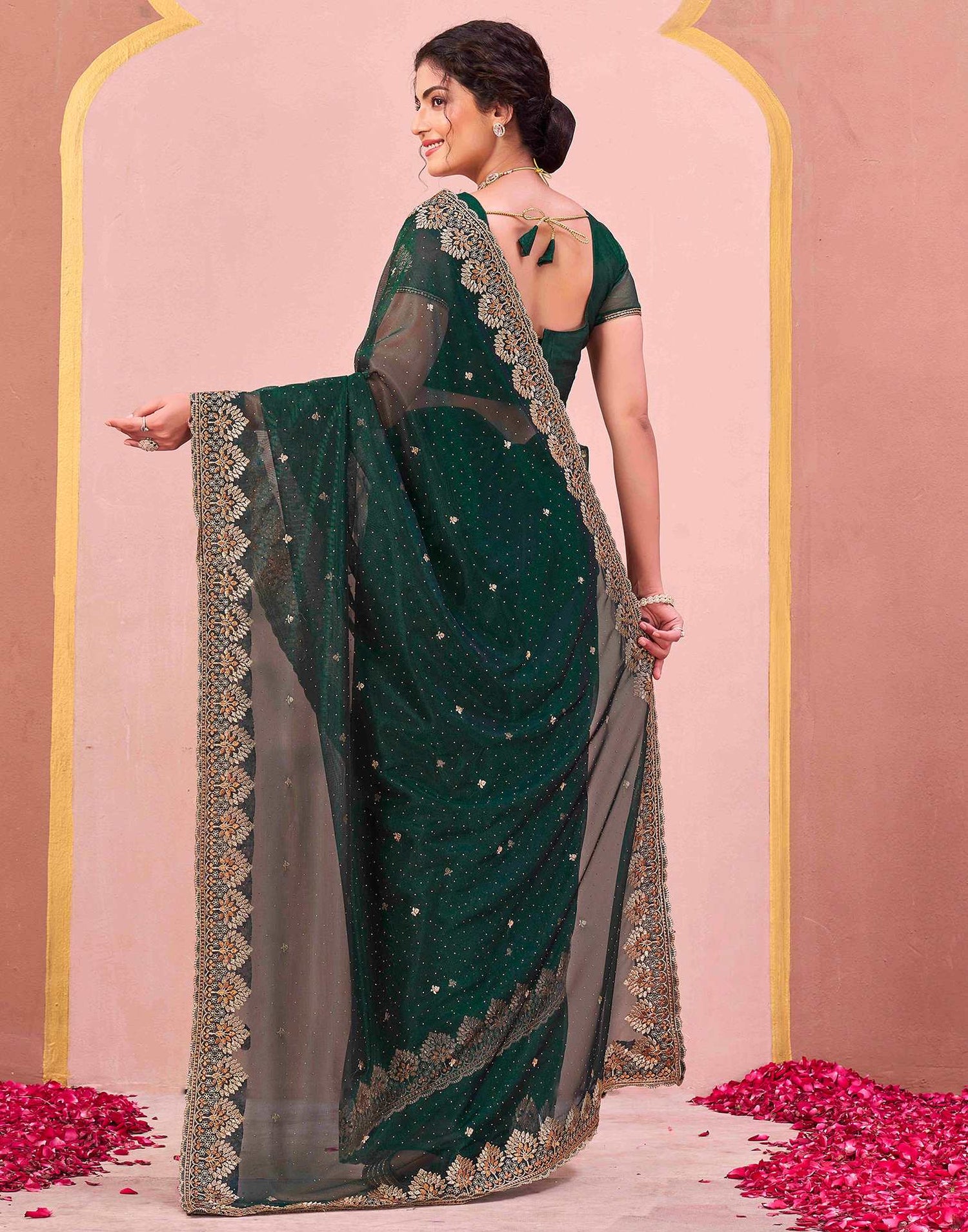 Bottle Green Shimmer Net Embroidery Swarovski Saree