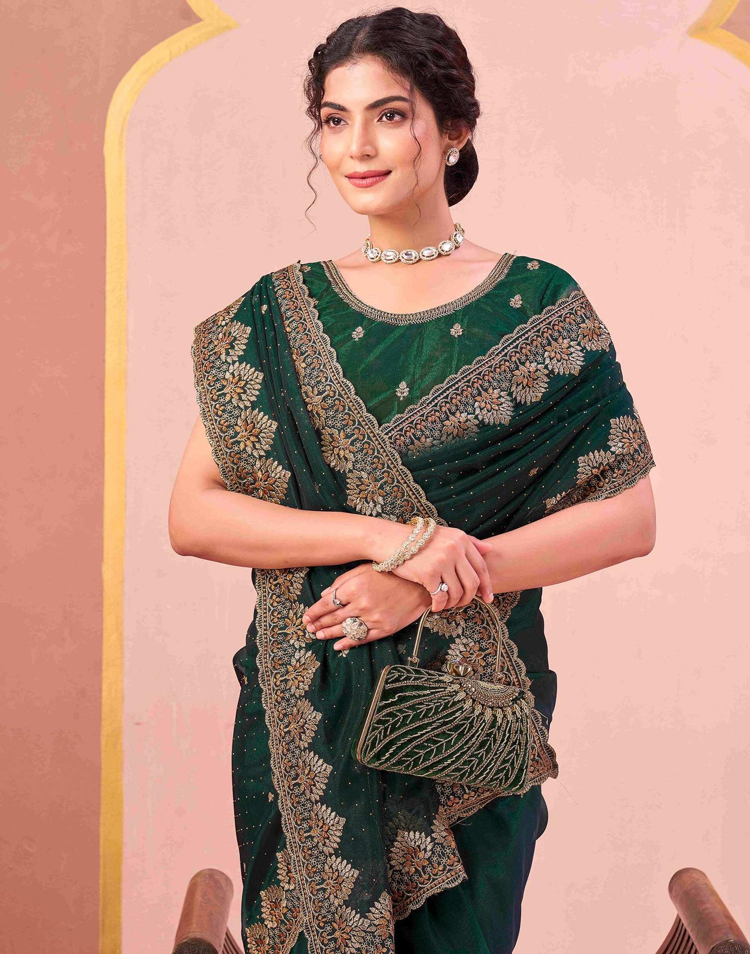 Bottle Green Shimmer Net Embroidery Swarovski Saree