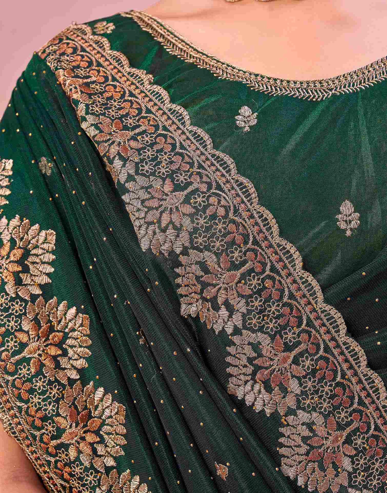 Bottle Green Shimmer Net Embroidery Swarovski Saree