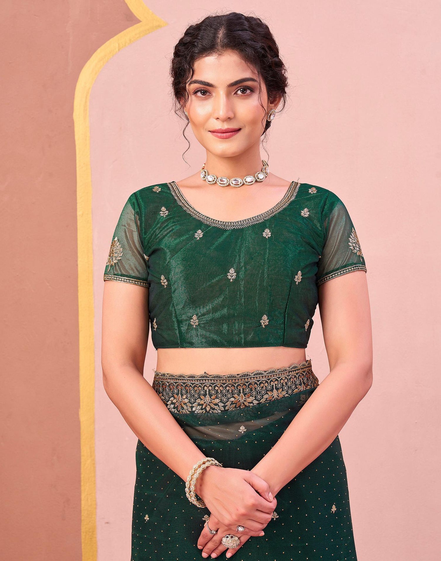 Bottle Green Shimmer Net Embroidery Swarovski Saree