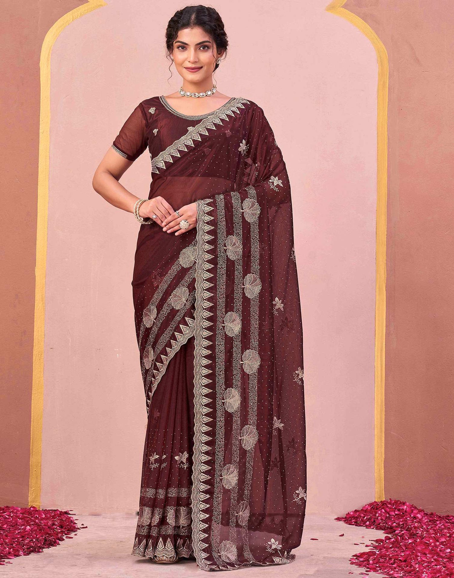 Maroon Shimmer Net Embroidery Swarovski Saree
