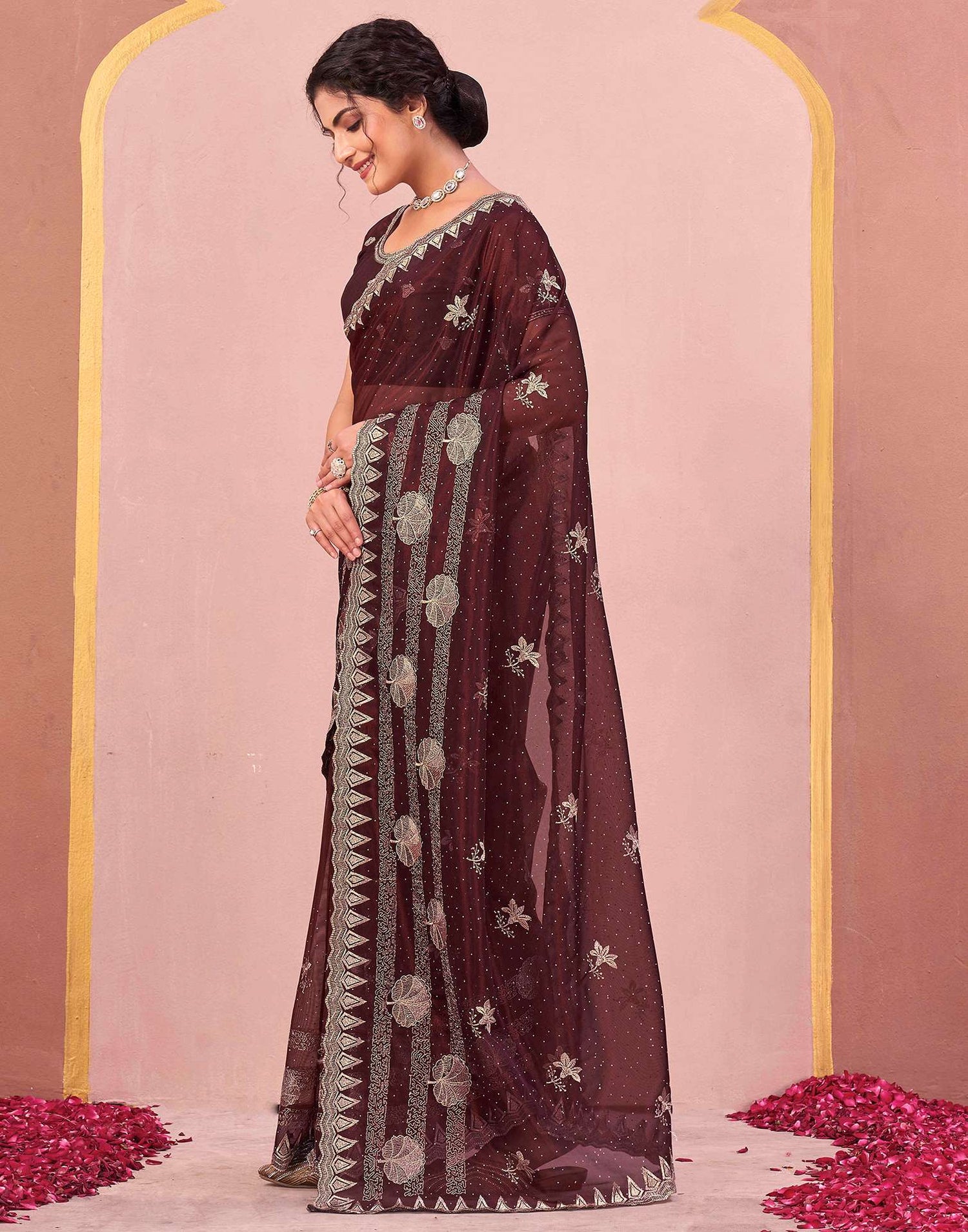 Maroon Shimmer Net Embroidery Swarovski Saree