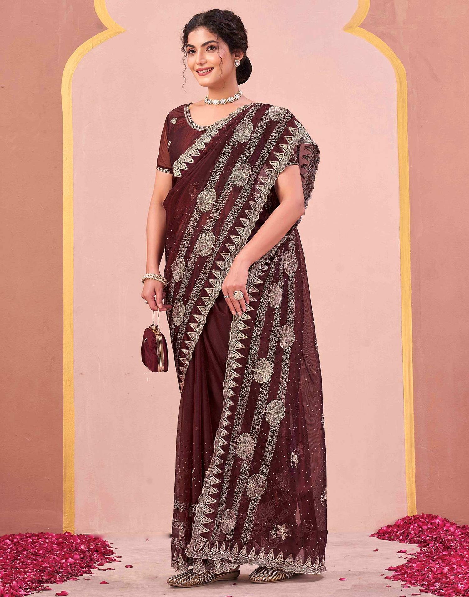 Maroon Shimmer Net Embroidery Swarovski Saree