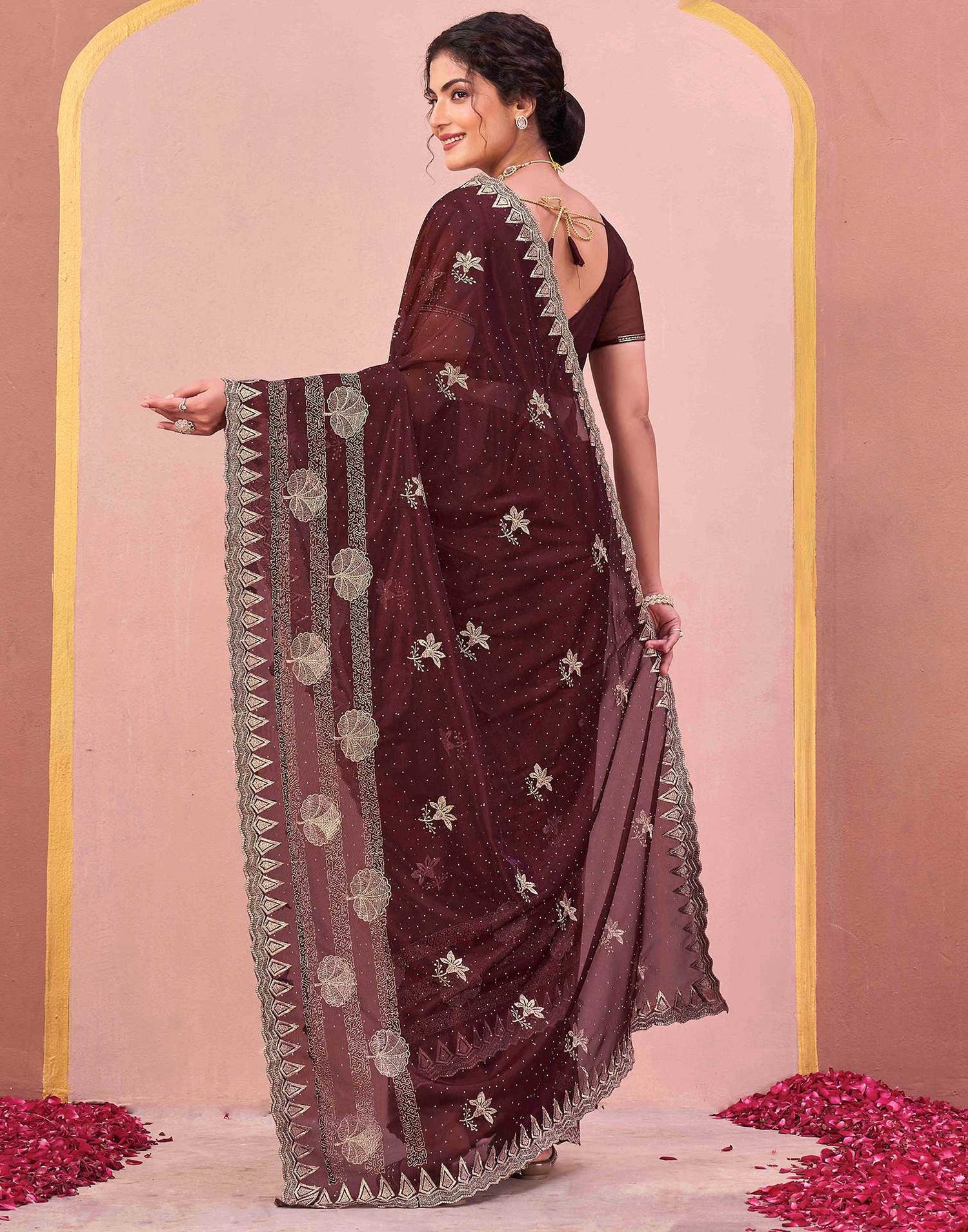 Maroon Shimmer Net Embroidery Swarovski Saree