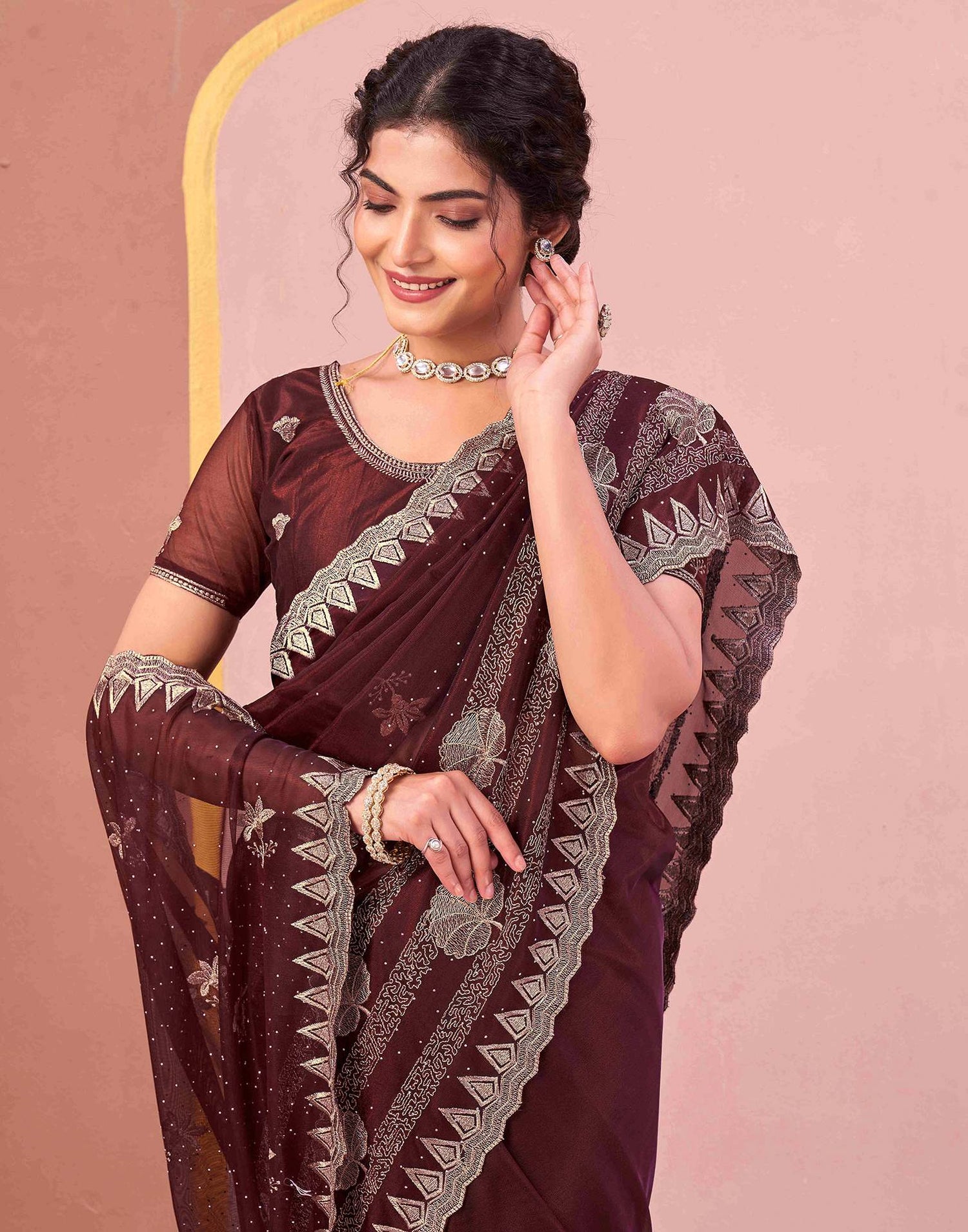 Maroon Shimmer Net Embroidery Swarovski Saree