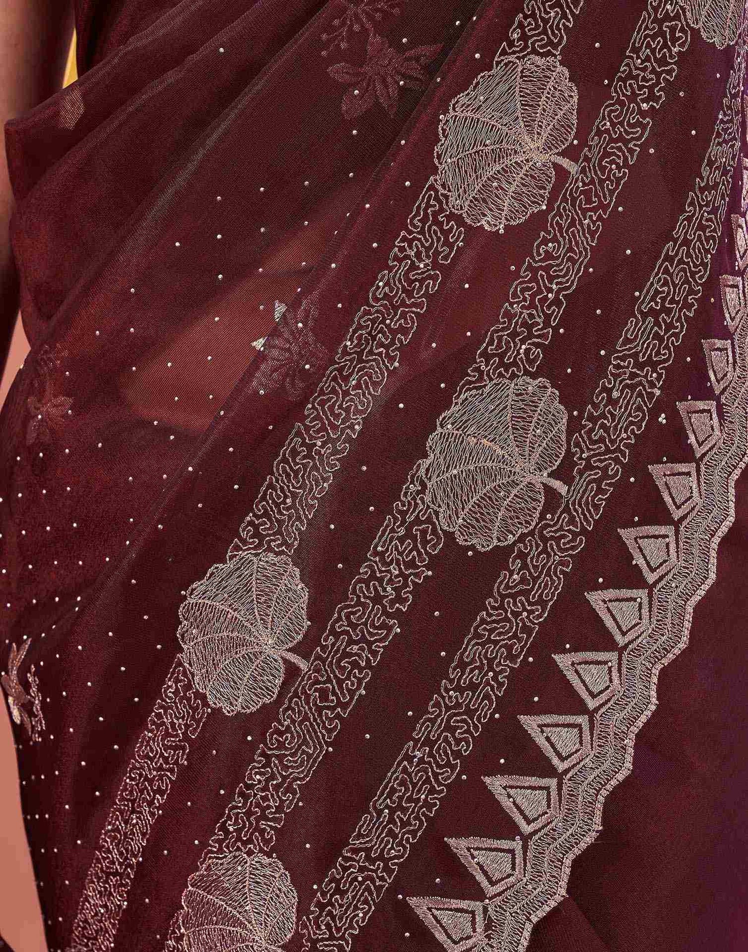 Maroon Shimmer Net Embroidery Swarovski Saree