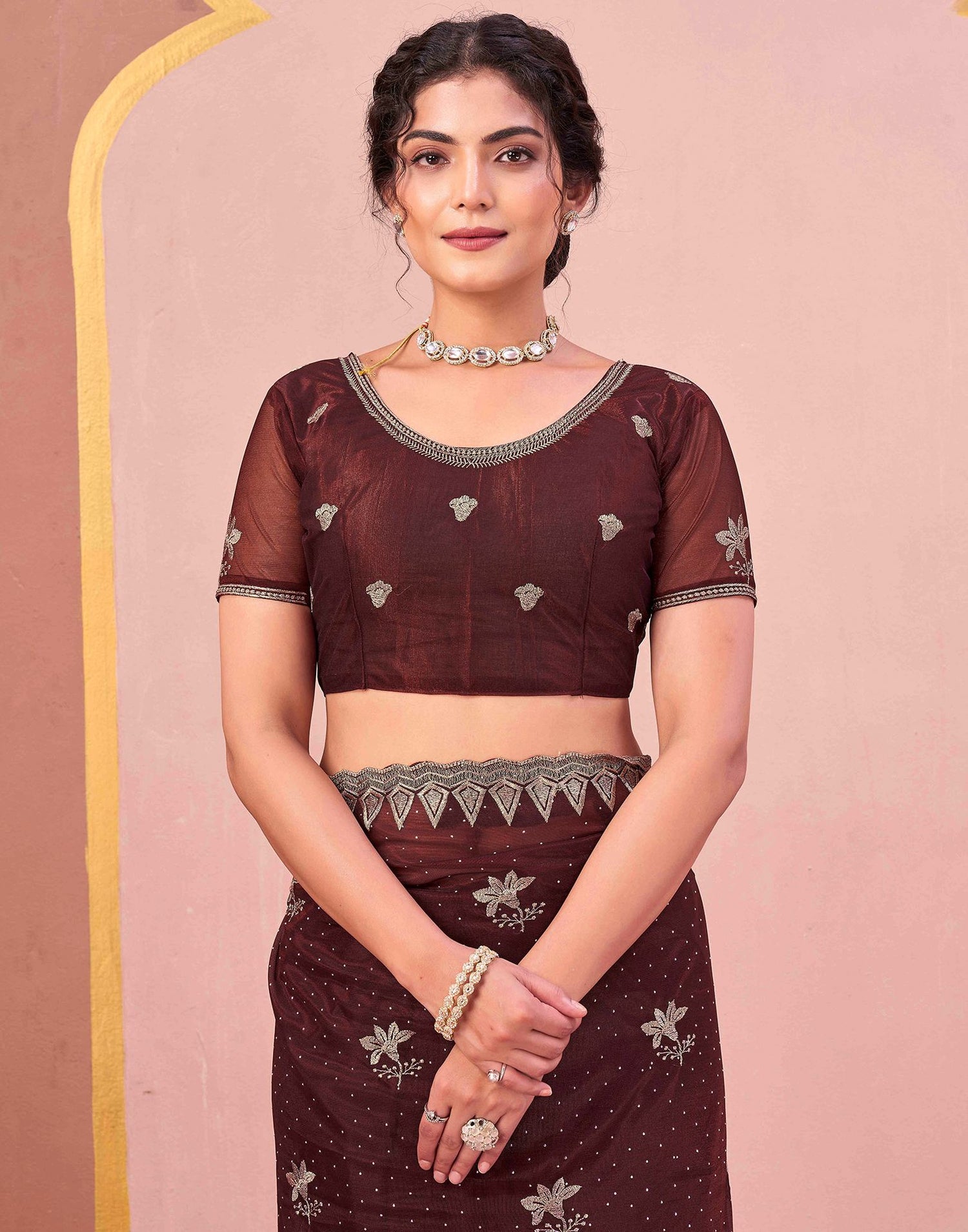 Maroon Shimmer Net Embroidery Swarovski Saree