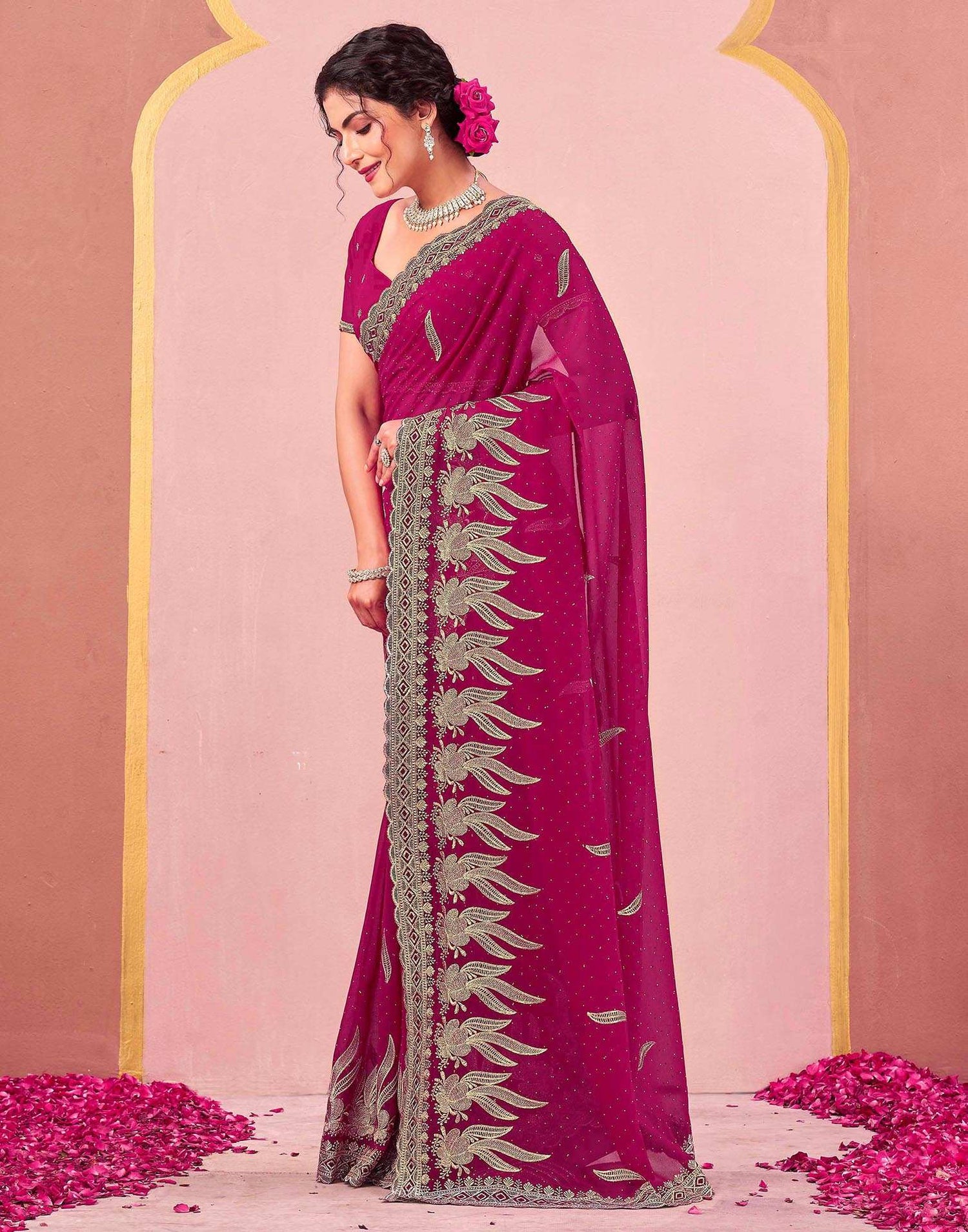 Magenta Georgette Embroidery Swarovski Saree