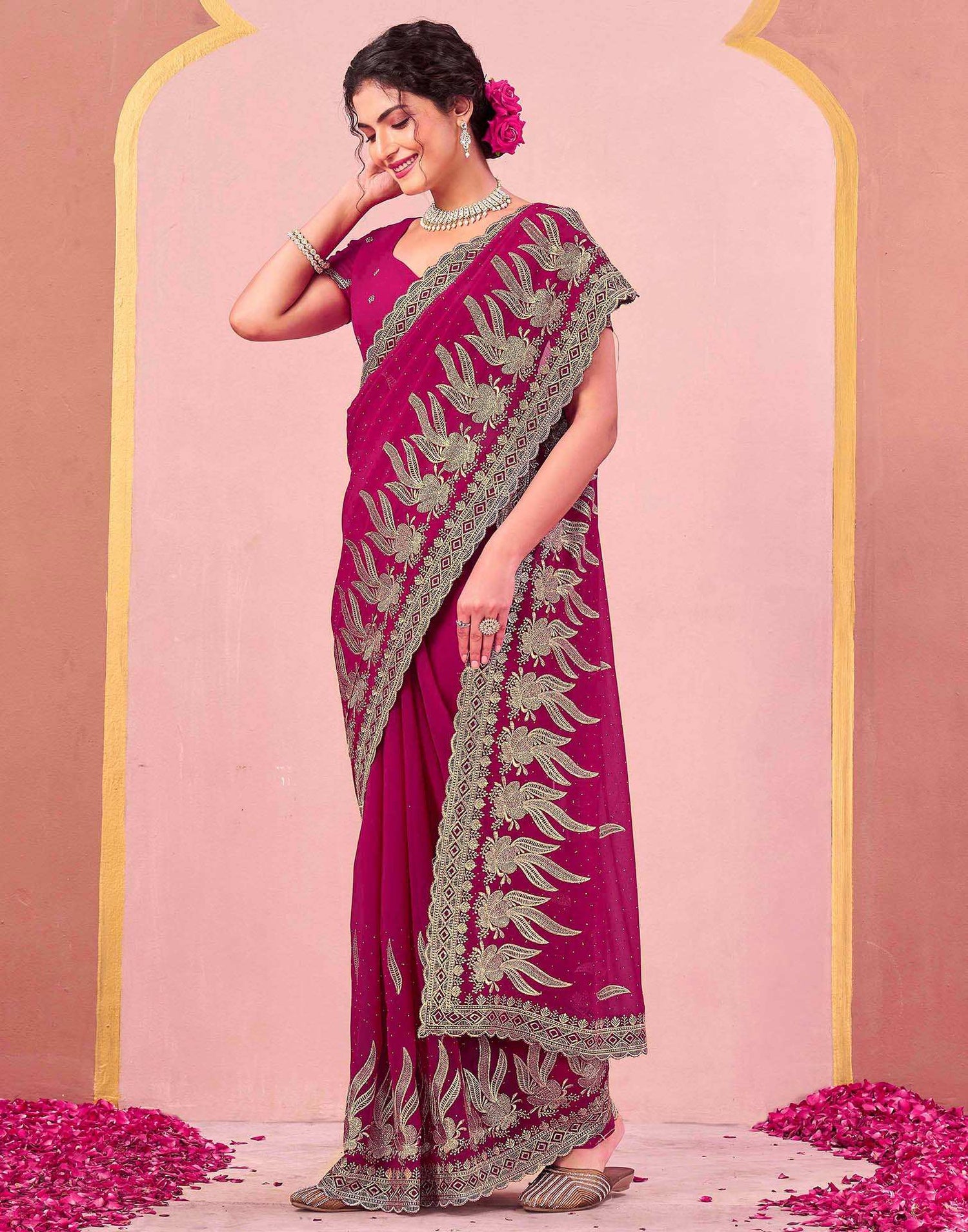 Magenta Georgette Embroidery Swarovski Saree