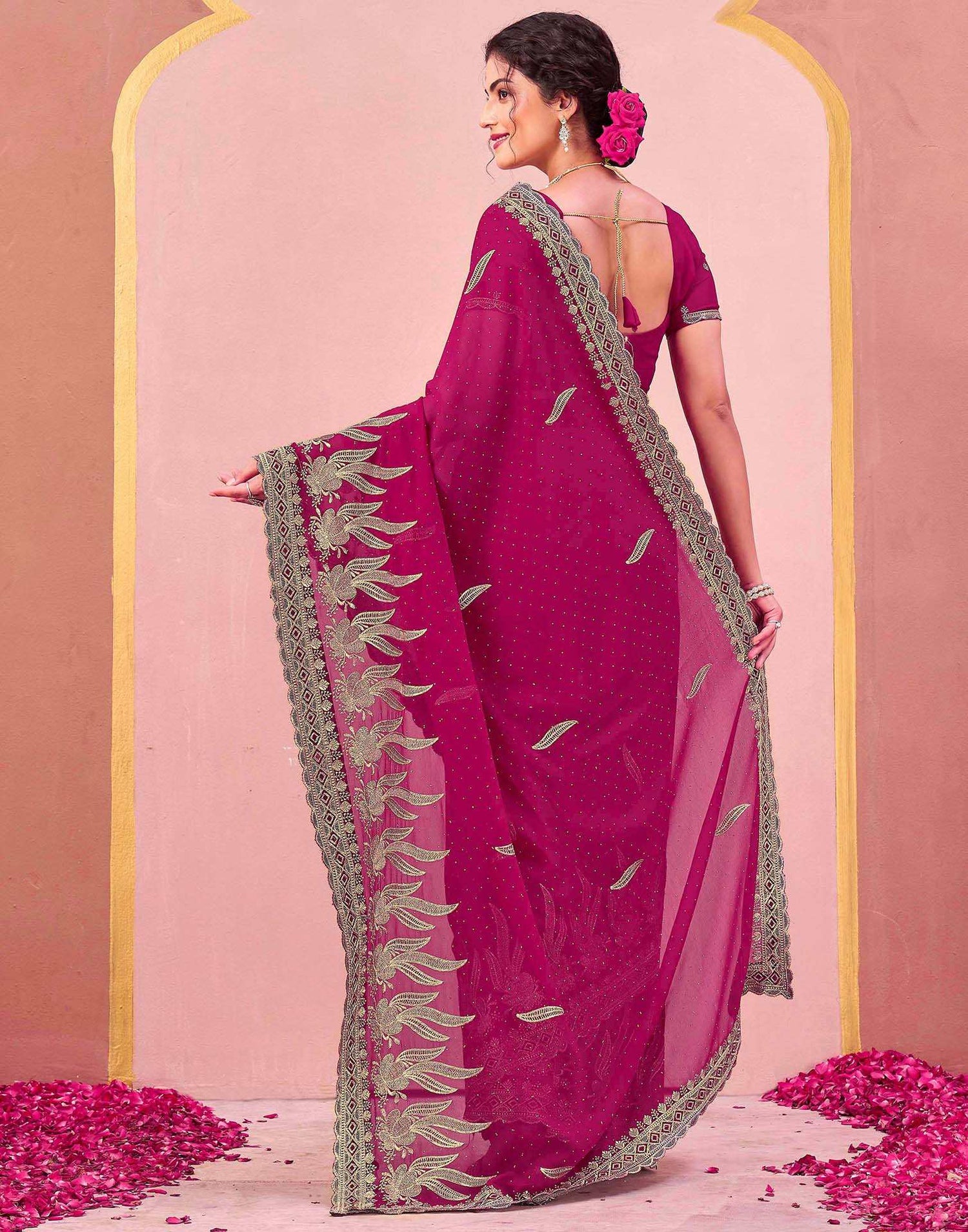 Magenta Georgette Embroidery Swarovski Saree