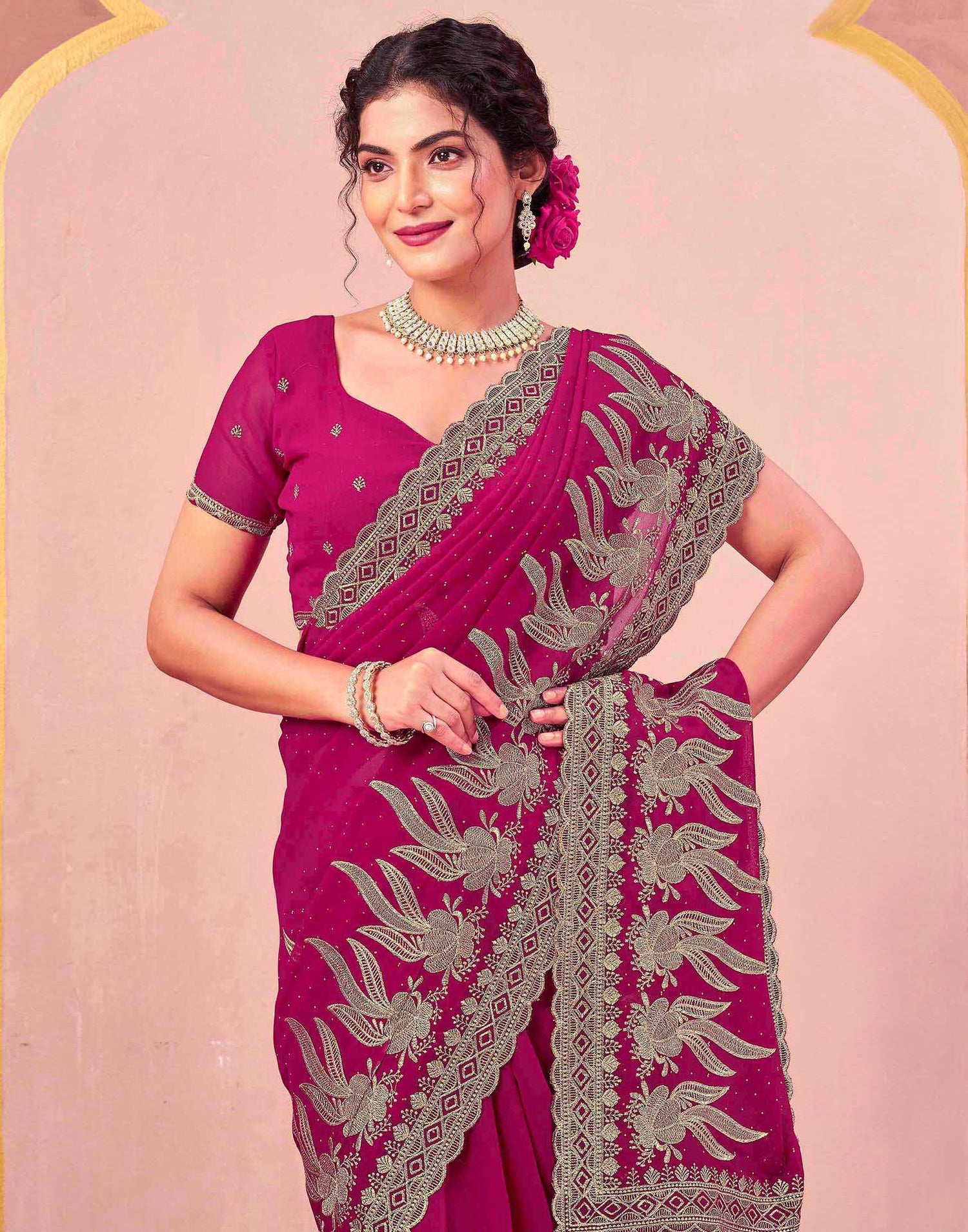 Magenta Georgette Embroidery Swarovski Saree