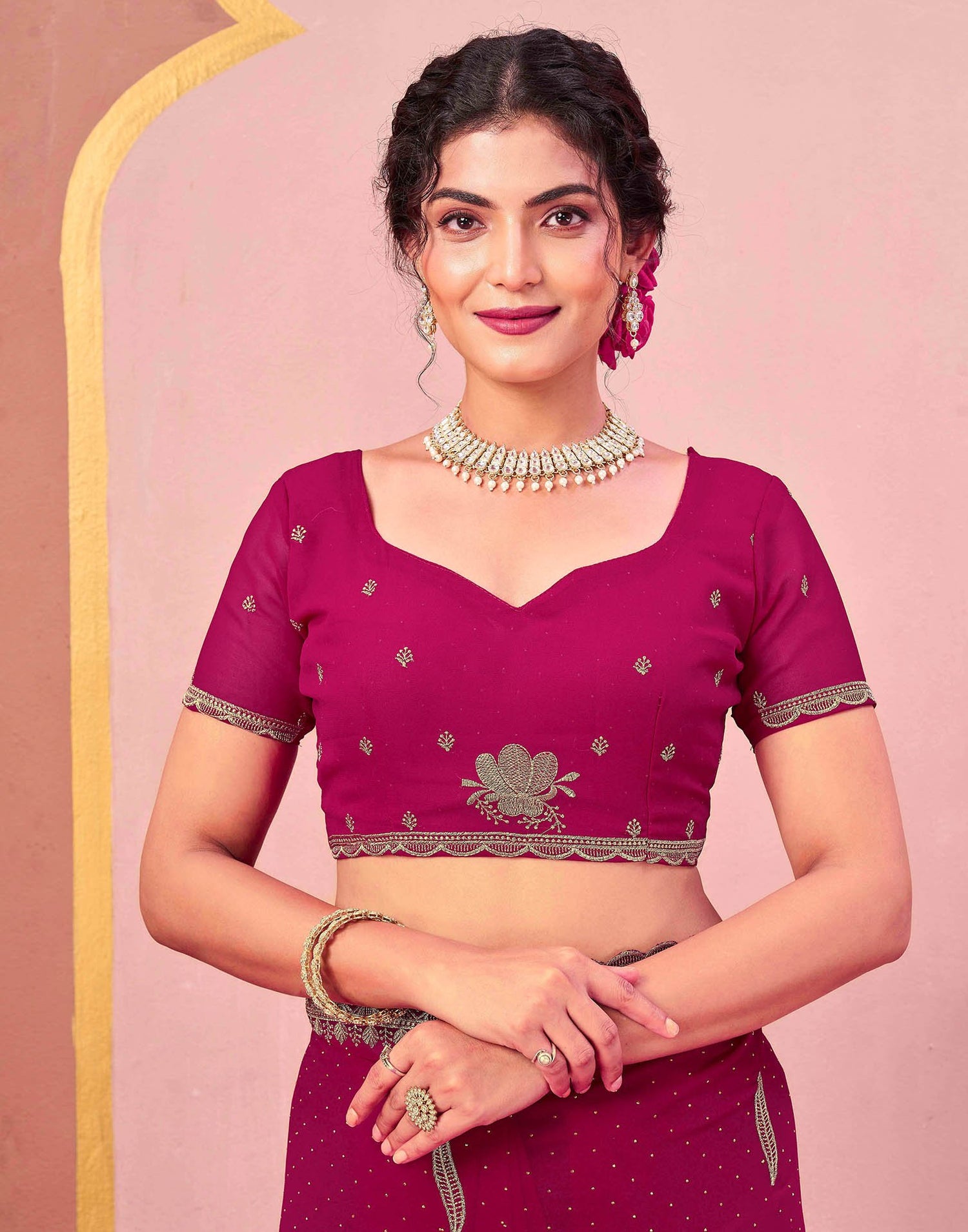 Magenta Georgette Embroidery Swarovski Saree