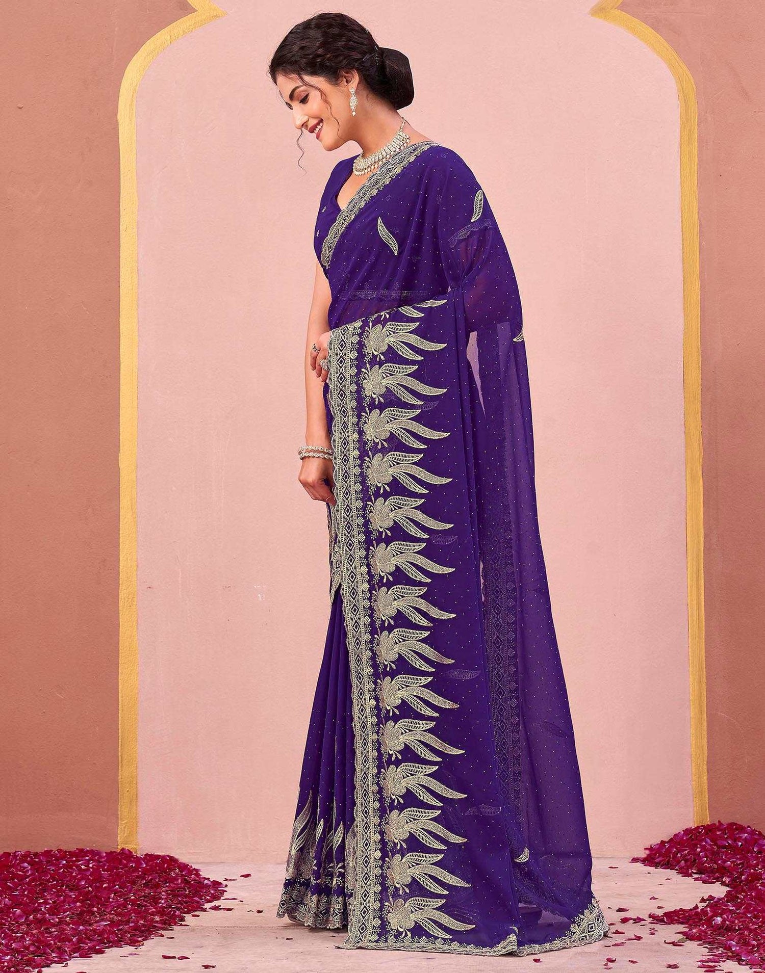 Purple Georgette Embroidery Swarovski Saree