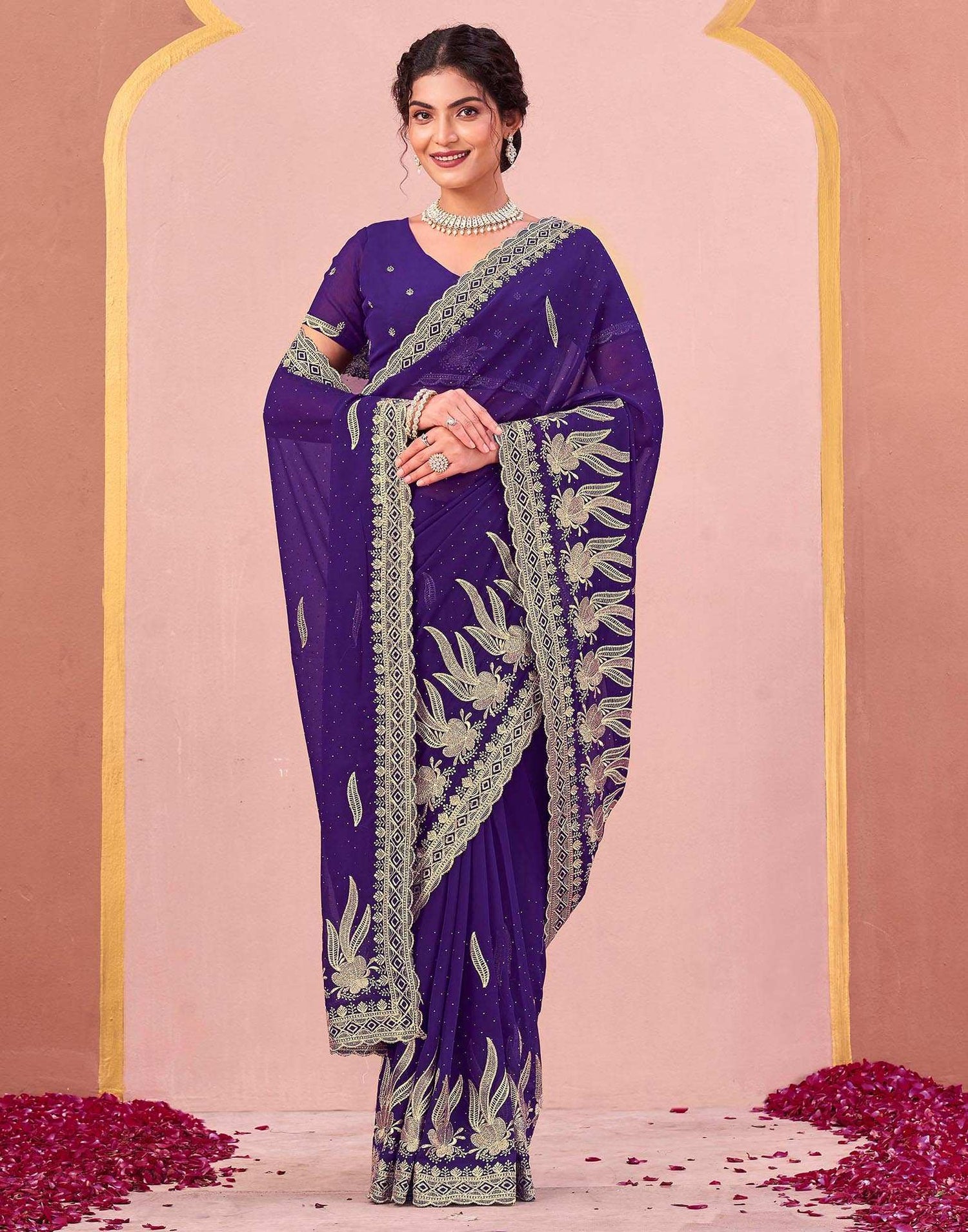 Purple Georgette Embroidery Swarovski Saree