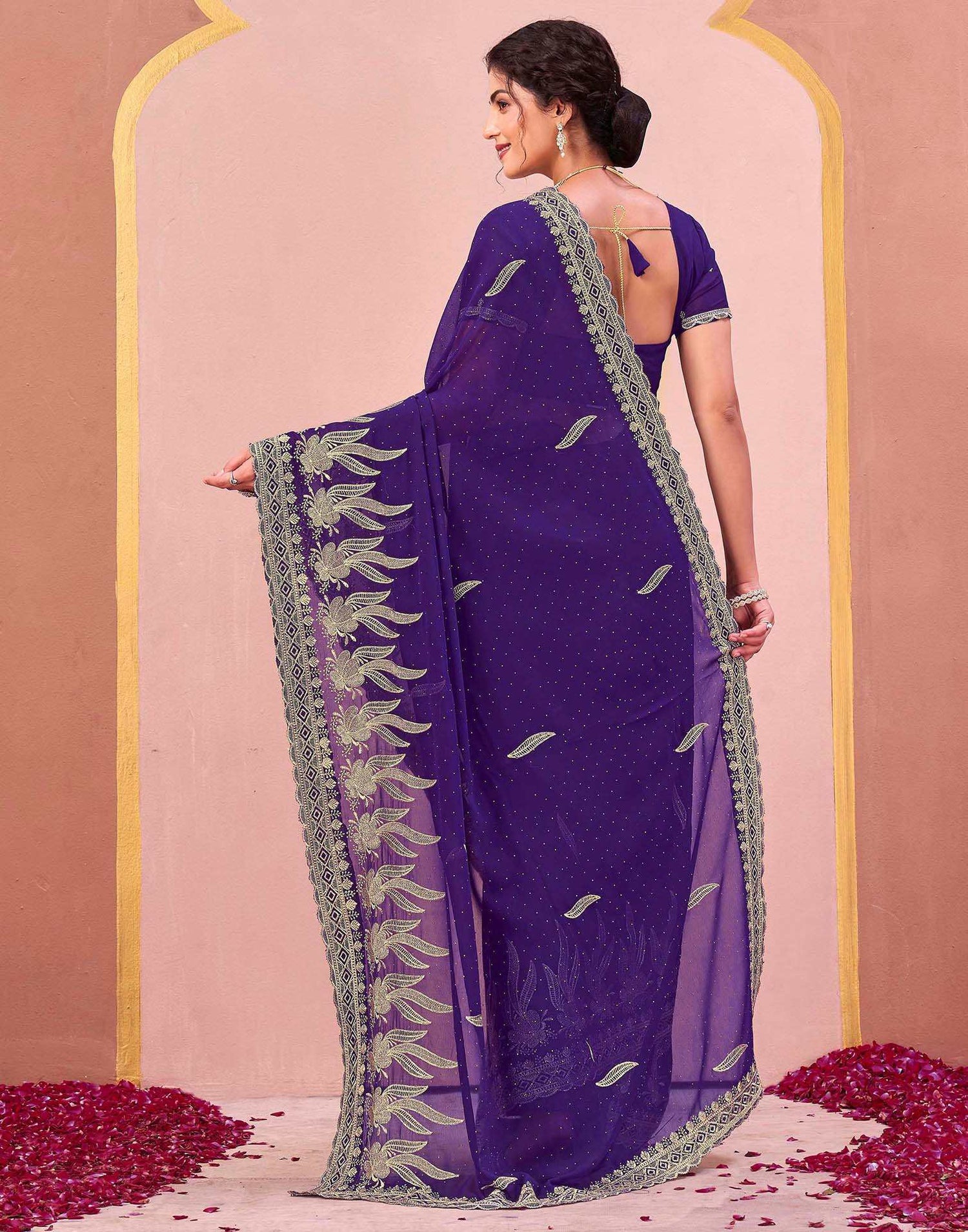 Purple Georgette Embroidery Swarovski Saree