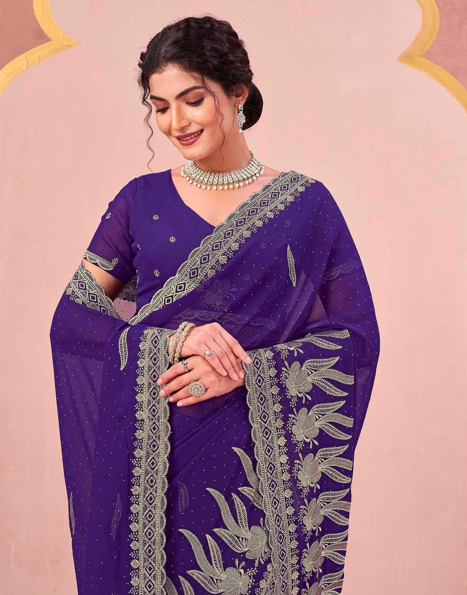 Purple Georgette Embroidery Swarovski Saree