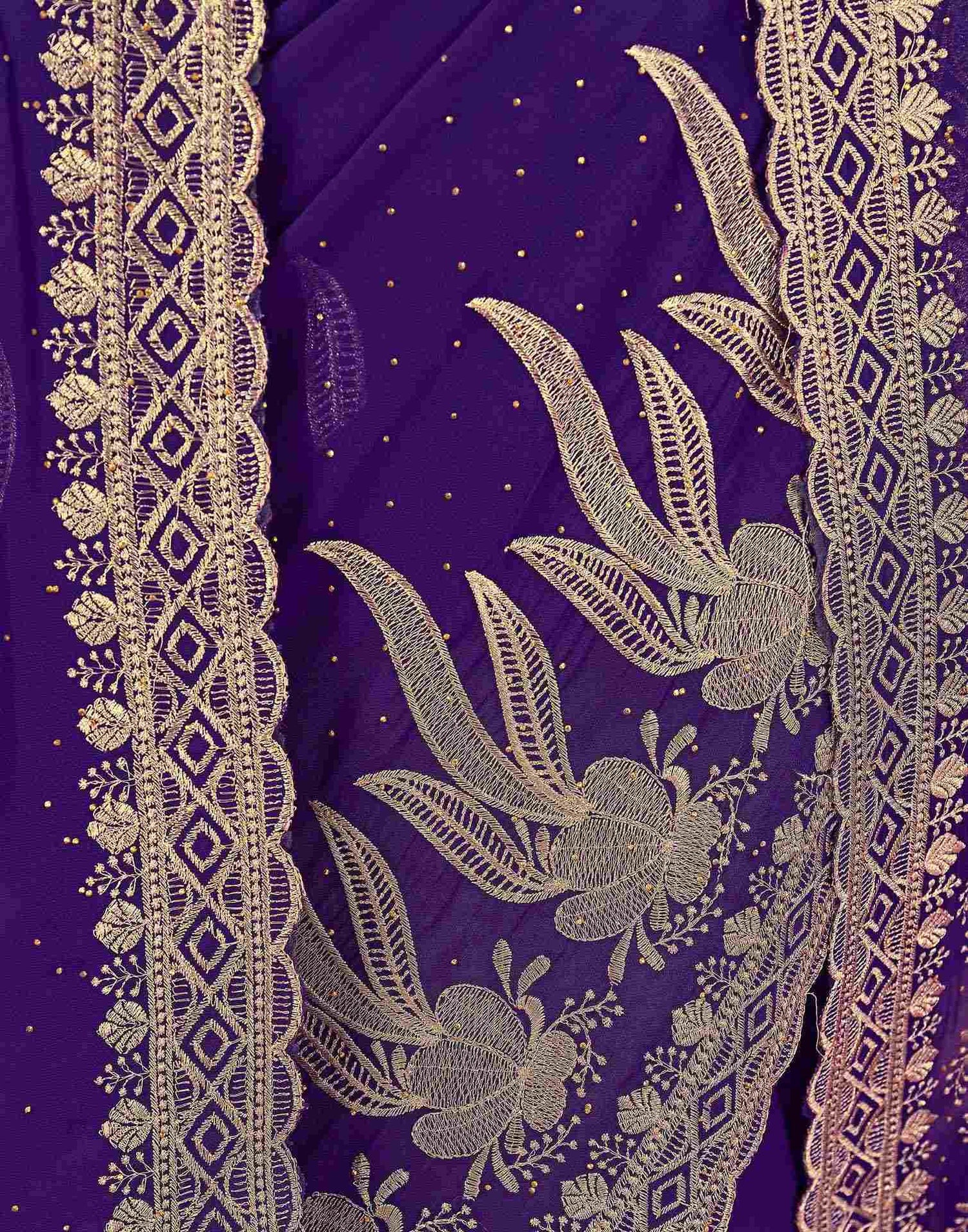 Purple Georgette Embroidery Swarovski Saree